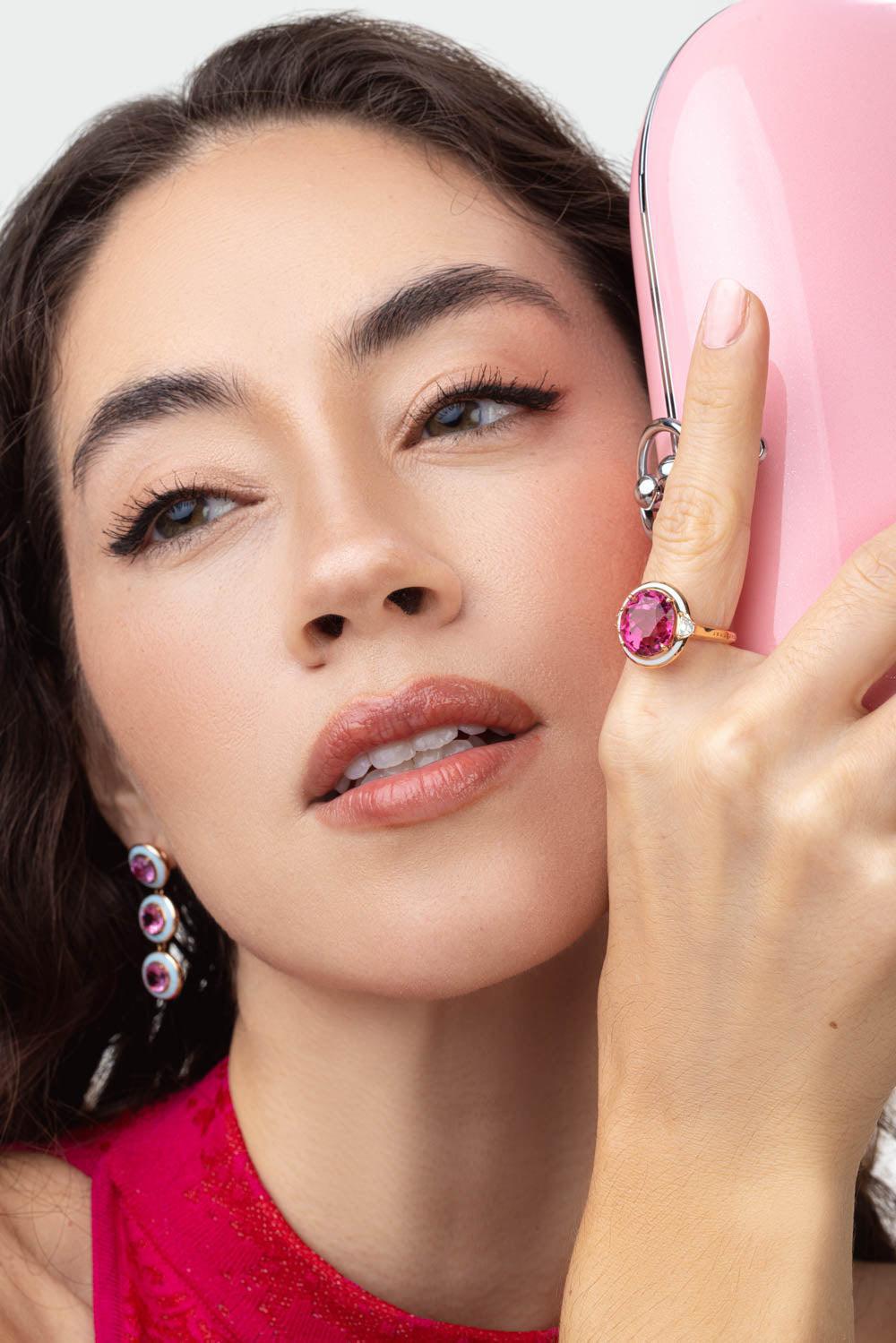 White Enamel Pink Tourmaline Ring-ROSE GOLD-JEWELRYFINE JEWELRING-SELIM MOUZANNAR