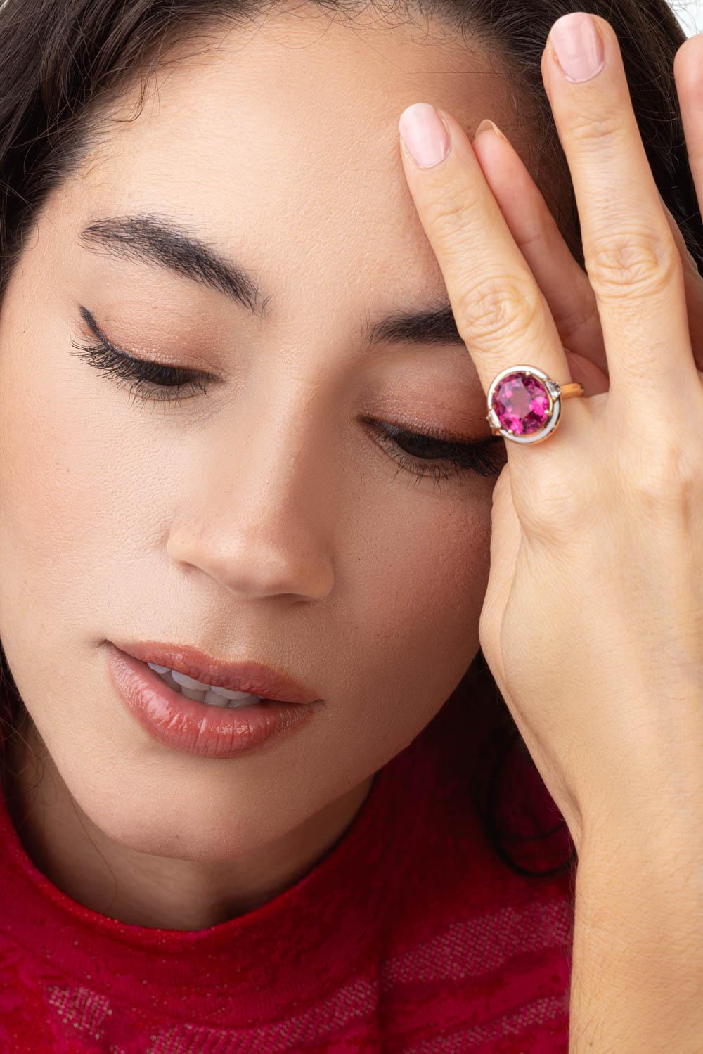 White Enamel Pink Tourmaline Ring-ROSE GOLD-JEWELRYFINE JEWELRING-SELIM MOUZANNAR
