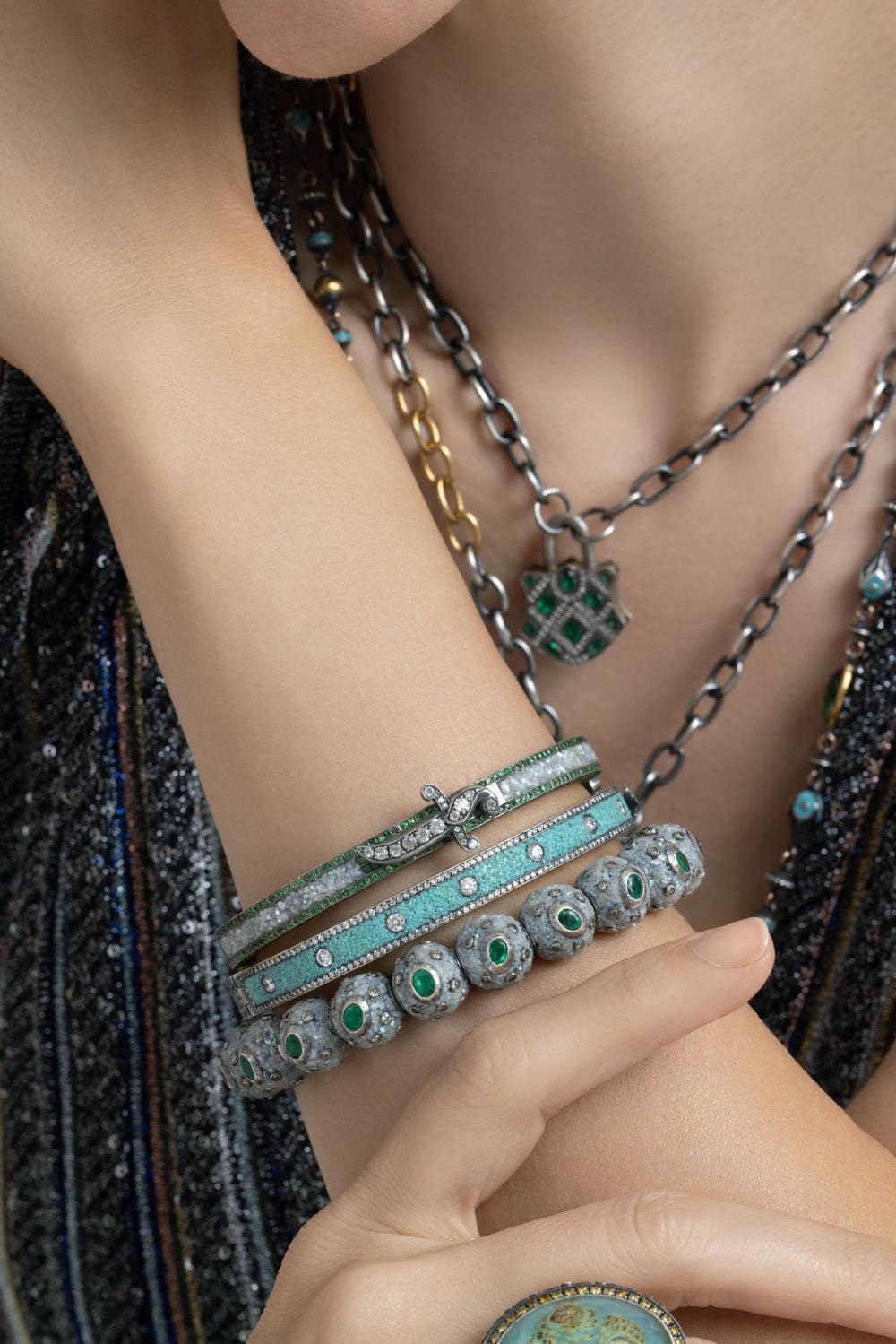 Green Garnet Yellow Diamond Mosaic Bangle Bracelet-YELLOW GOLD-JEWELRYFINE JEWELBRACELET O-SEVAN BICAKCI