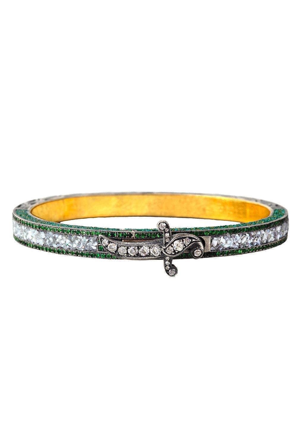 Green Garnet Yellow Diamond Mosaic Bangle Bracelet-YELLOW GOLD-JEWELRYFINE JEWELBRACELET O-SEVAN BICAKCI