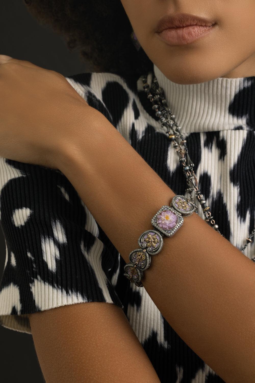 Lavender Mosaic Garden Eden Cuff Bracelet-YELLOW GOLD-JEWELRYFINE JEWELBRACELET O-SEVAN BICAKCI