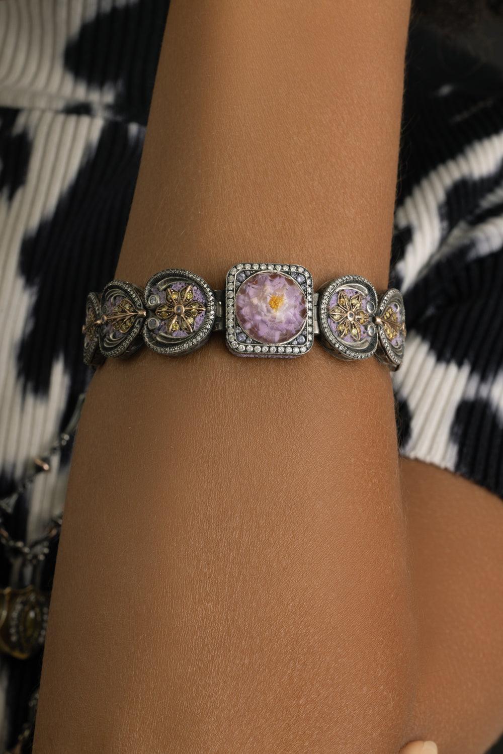Lavender Mosaic Garden Eden Cuff Bracelet-YELLOW GOLD-JEWELRYFINE JEWELBRACELET O-SEVAN BICAKCI