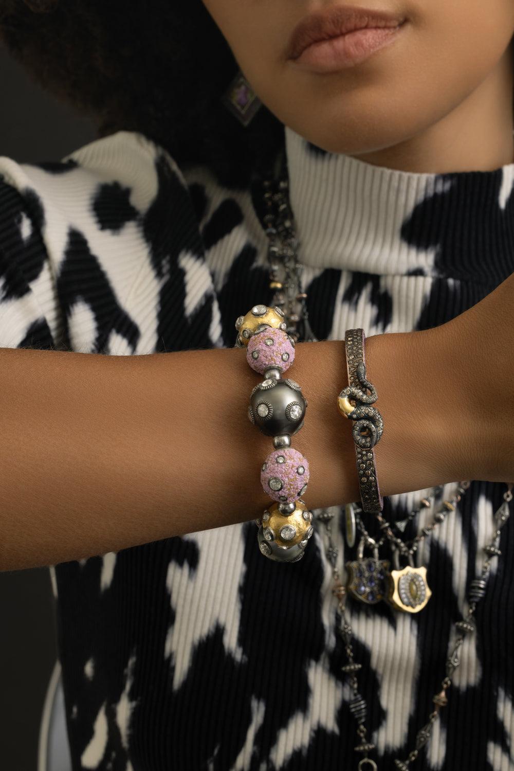 Lavender Mosaic Snake Clasp Bangle Bracelet-YELLOW GOLD-JEWELRYFINE JEWELBRACELET O-SEVAN BICAKCI