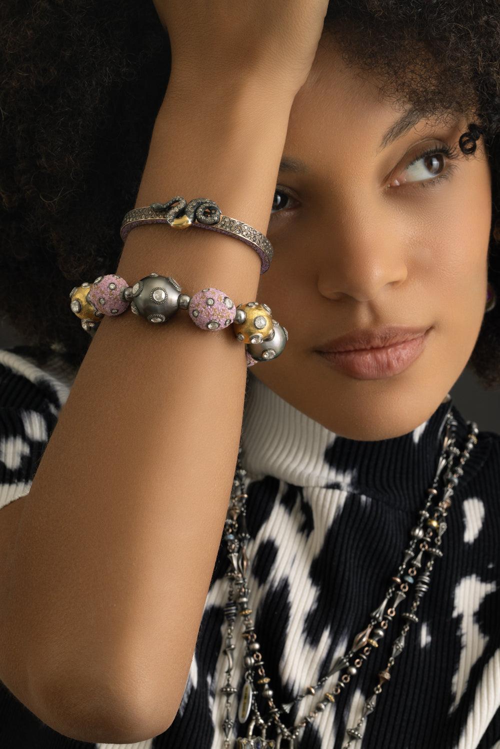 Lavender Mosaic Snake Clasp Bangle Bracelet-YELLOW GOLD-JEWELRYFINE JEWELBRACELET O-SEVAN BICAKCI