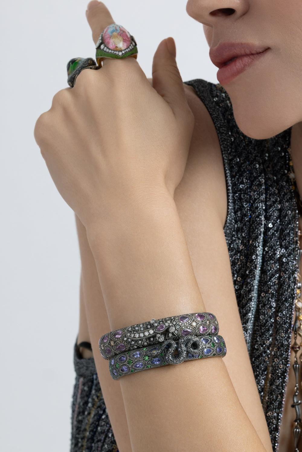 Pink Sapphire Diamond Wide Bangle Bracelet-YELLOW GOLD-JEWELRYFINE JEWELBRACELET O-SEVAN BICAKCI