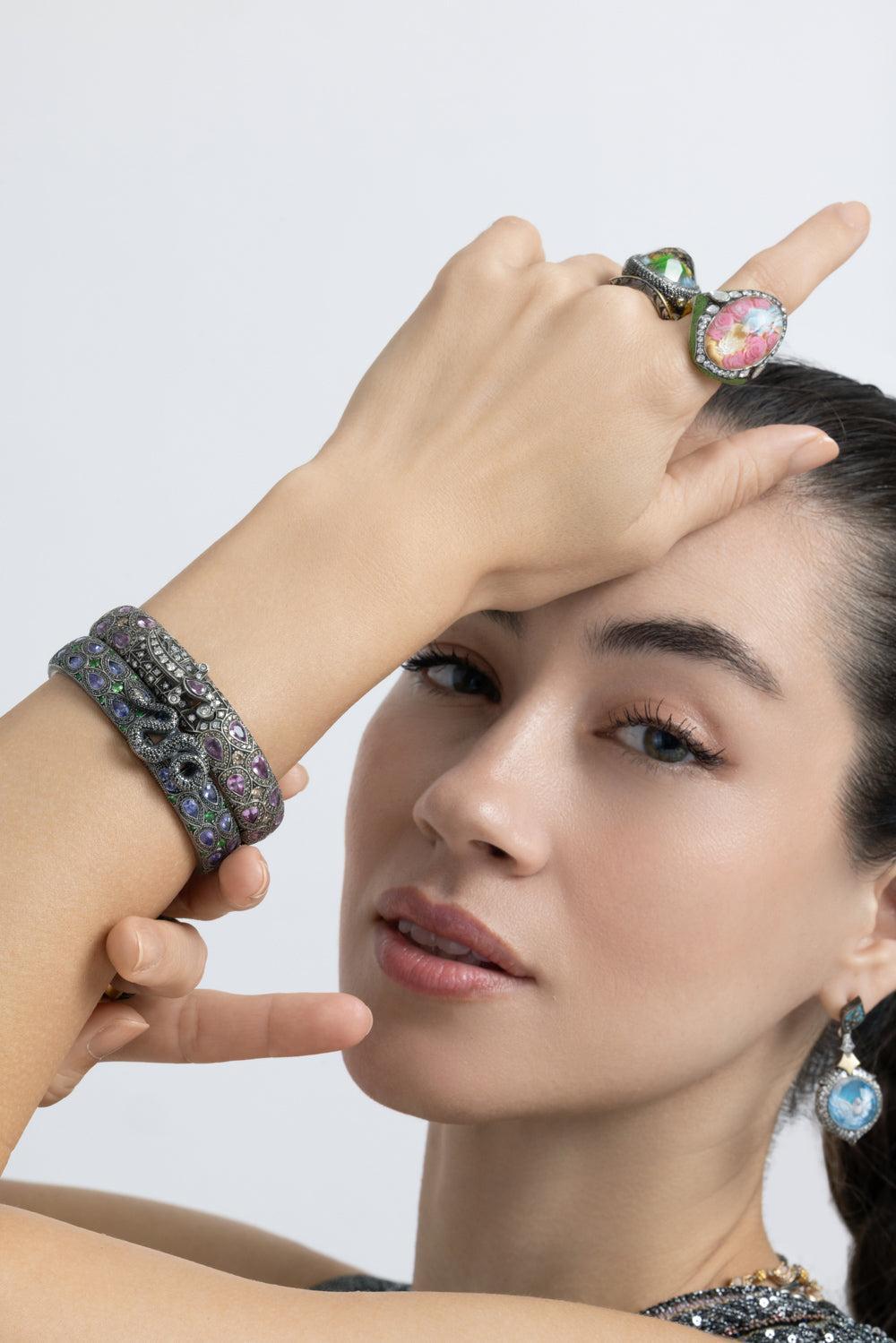 Tanzanite Amethyst Snake Clasp Bangle Bracelet-YELLOW GOLD-JEWELRYFINE JEWELBRACELET O-SEVAN BICAKCI