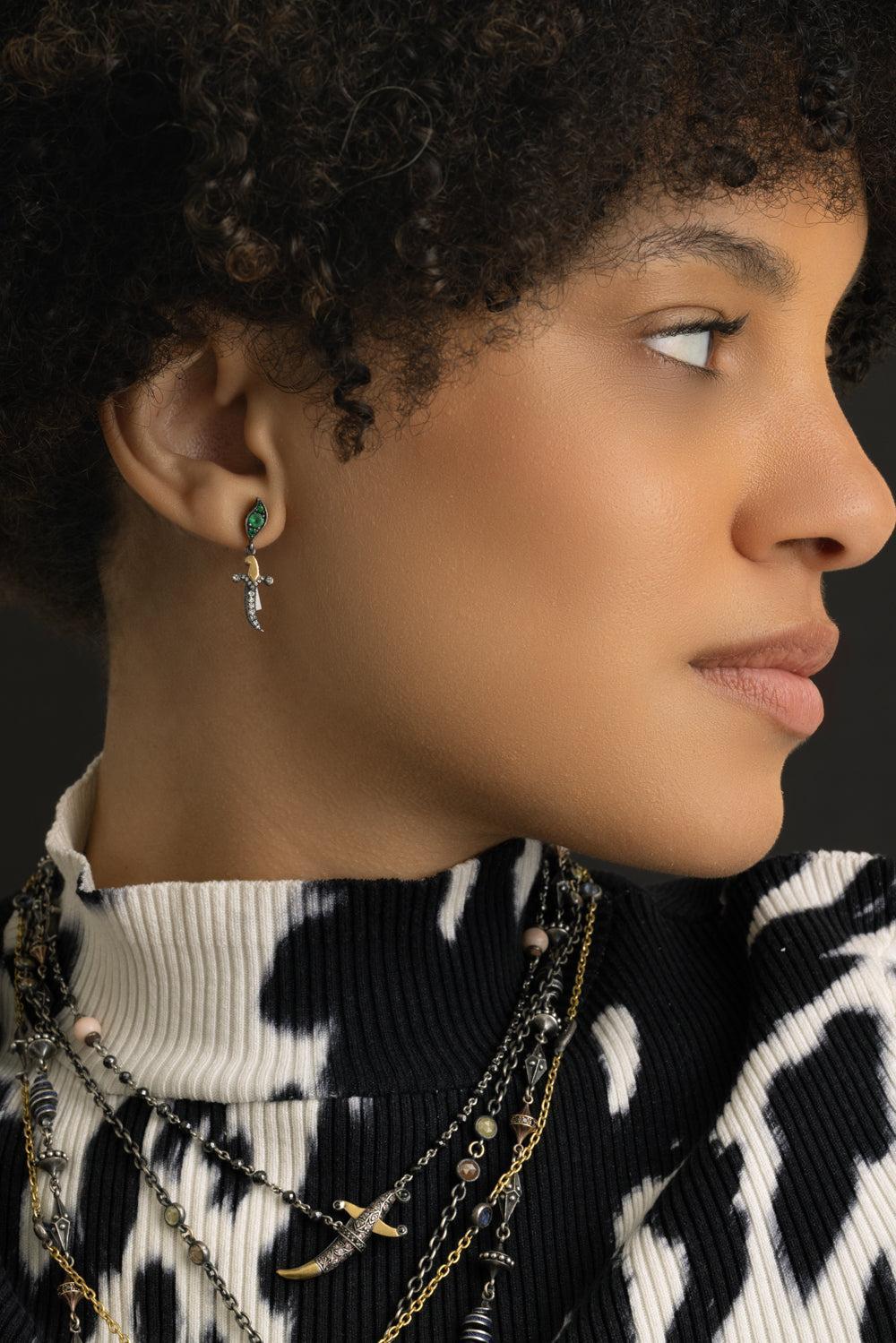 Emerald Dagger Drop Earrings-YELLOW GOLD-JEWELRYFINE JEWELEARRING-SEVAN BICAKCI