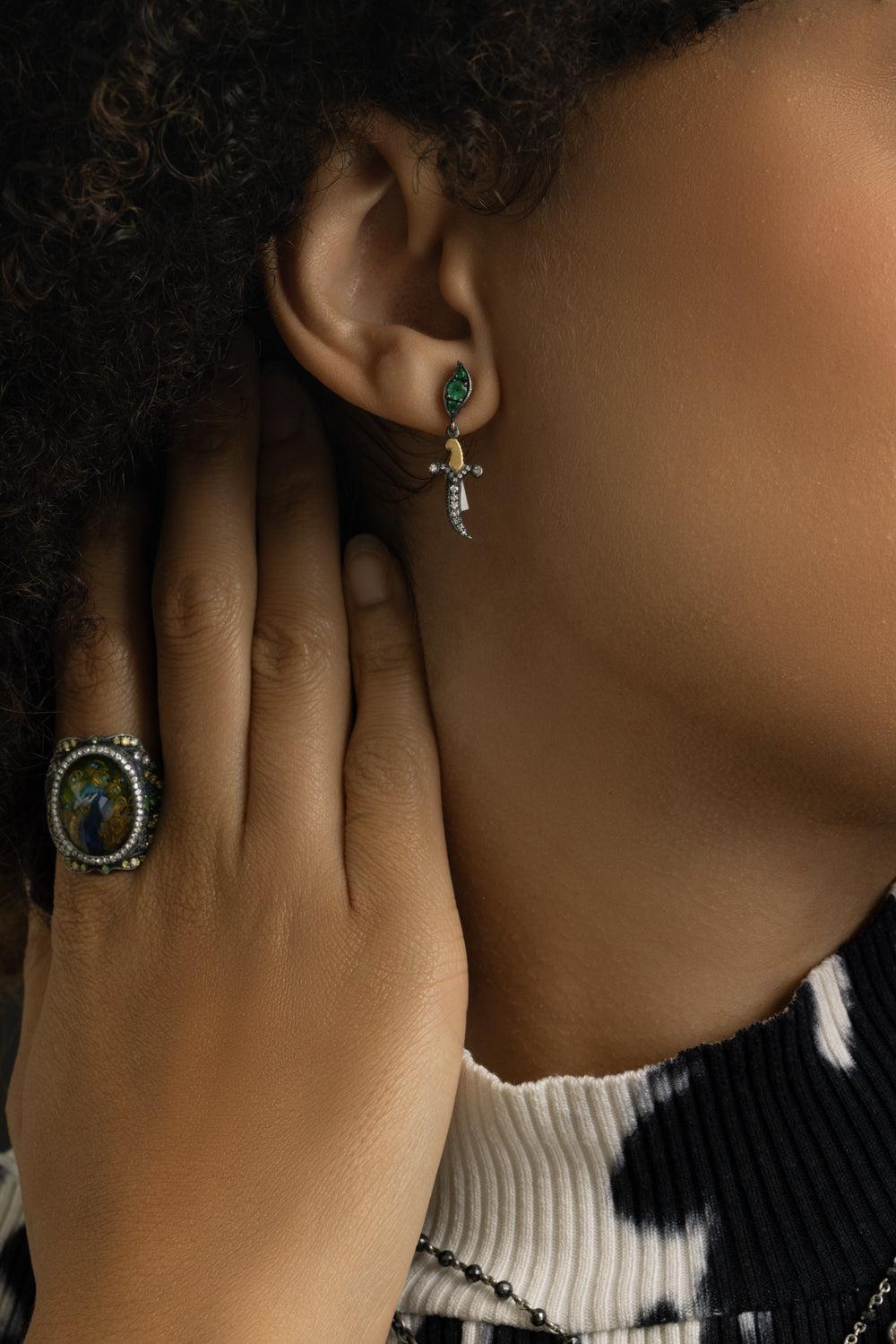 Emerald Dagger Drop Earrings-YELLOW GOLD-JEWELRYFINE JEWELEARRING-SEVAN BICAKCI