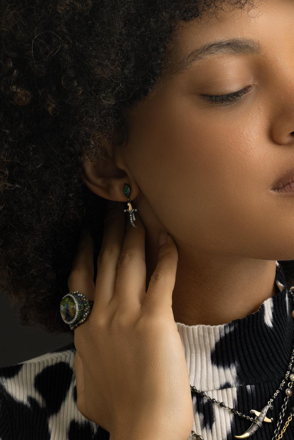 Emerald Dagger Drop Earrings-YELLOW GOLD-JEWELRYFINE JEWELEARRING-SEVAN BICAKCI