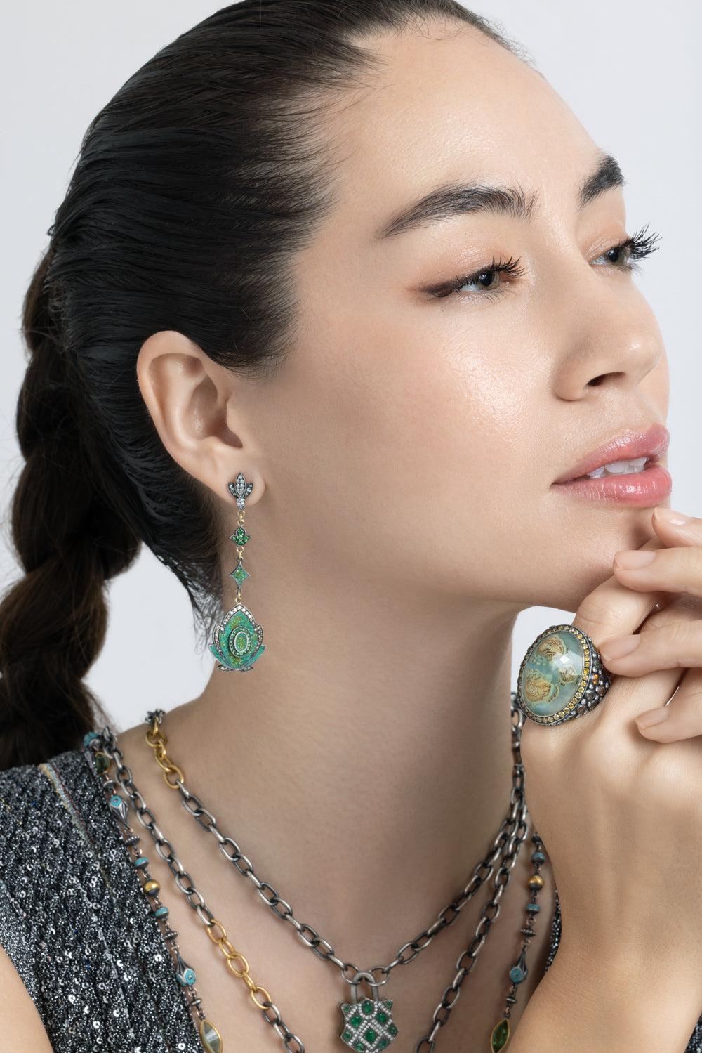  Green Garnet Yellow Brown Diamond Mosaic Drop Earrings-YELLOW GOLD-JEWELRYFINE JEWELEARRING-SEVAN BICAKCI 
