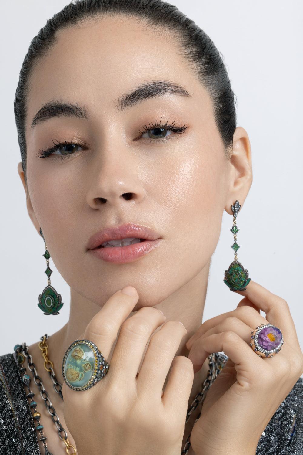 Green Garnet Yellow Brown Diamond Mosaic Drop Earrings-YELLOW GOLD-JEWELRYFINE JEWELEARRING-SEVAN BICAKCI