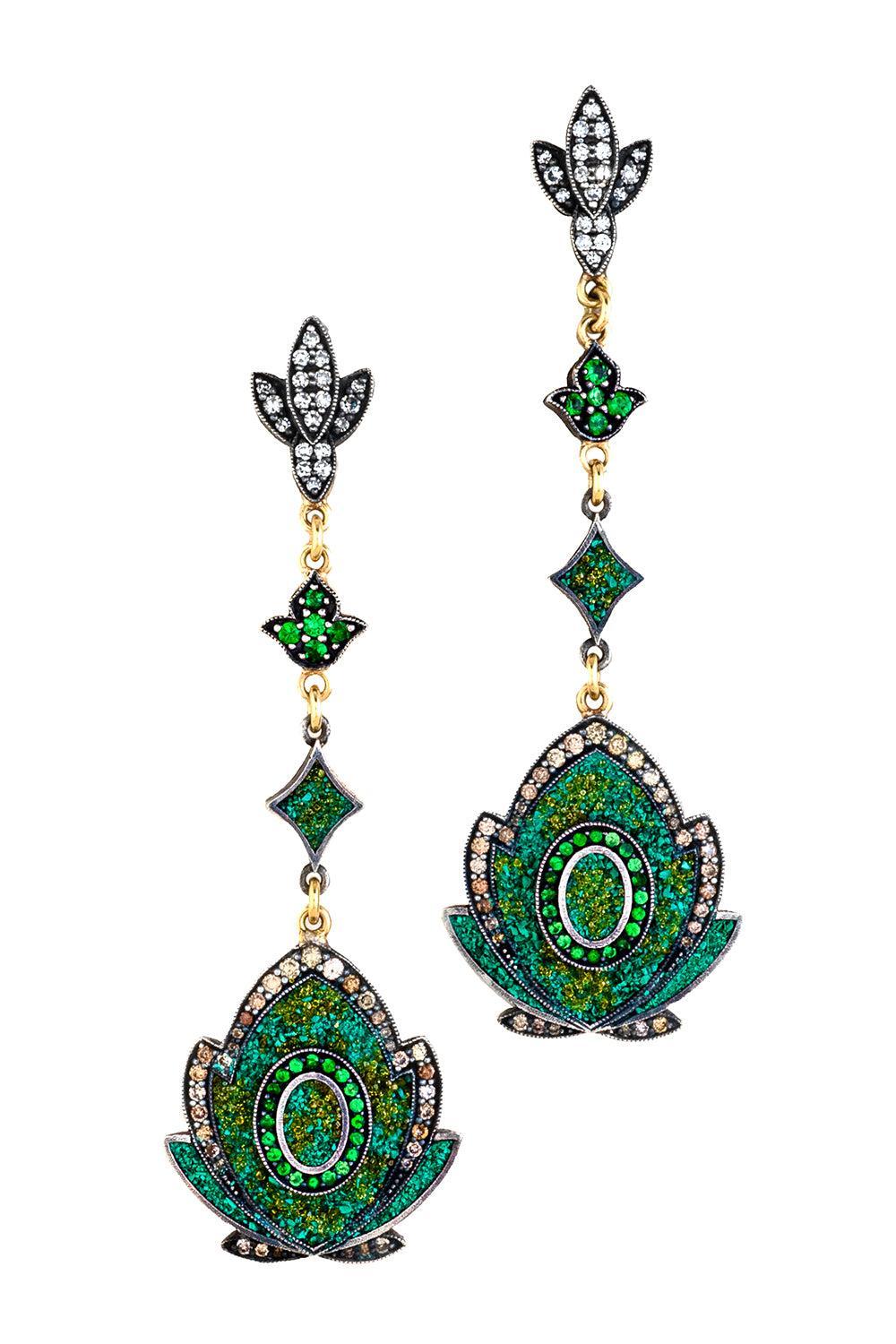  Green Garnet Yellow Brown Diamond Mosaic Drop Earrings-YELLOW GOLD-JEWELRYFINE JEWELEARRING-SEVAN BICAKCI 