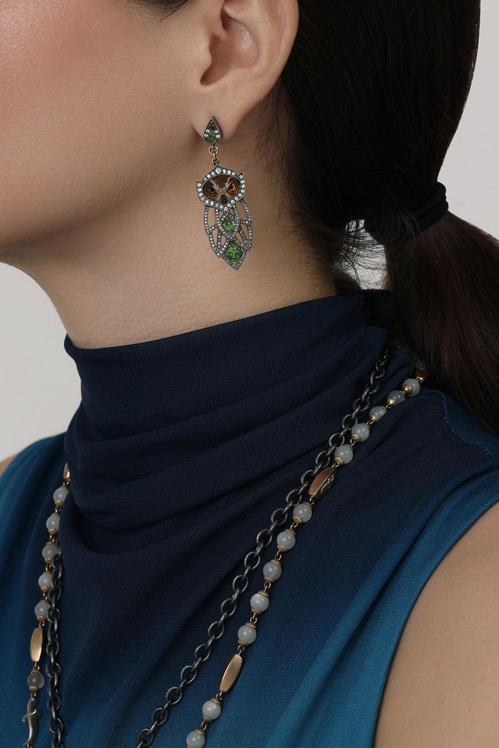 Mosaic Diamond Carved Owl Earrings-YELLOW GOLD-JEWELRYFINE JEWELEARRING-SEVAN BICAKCI