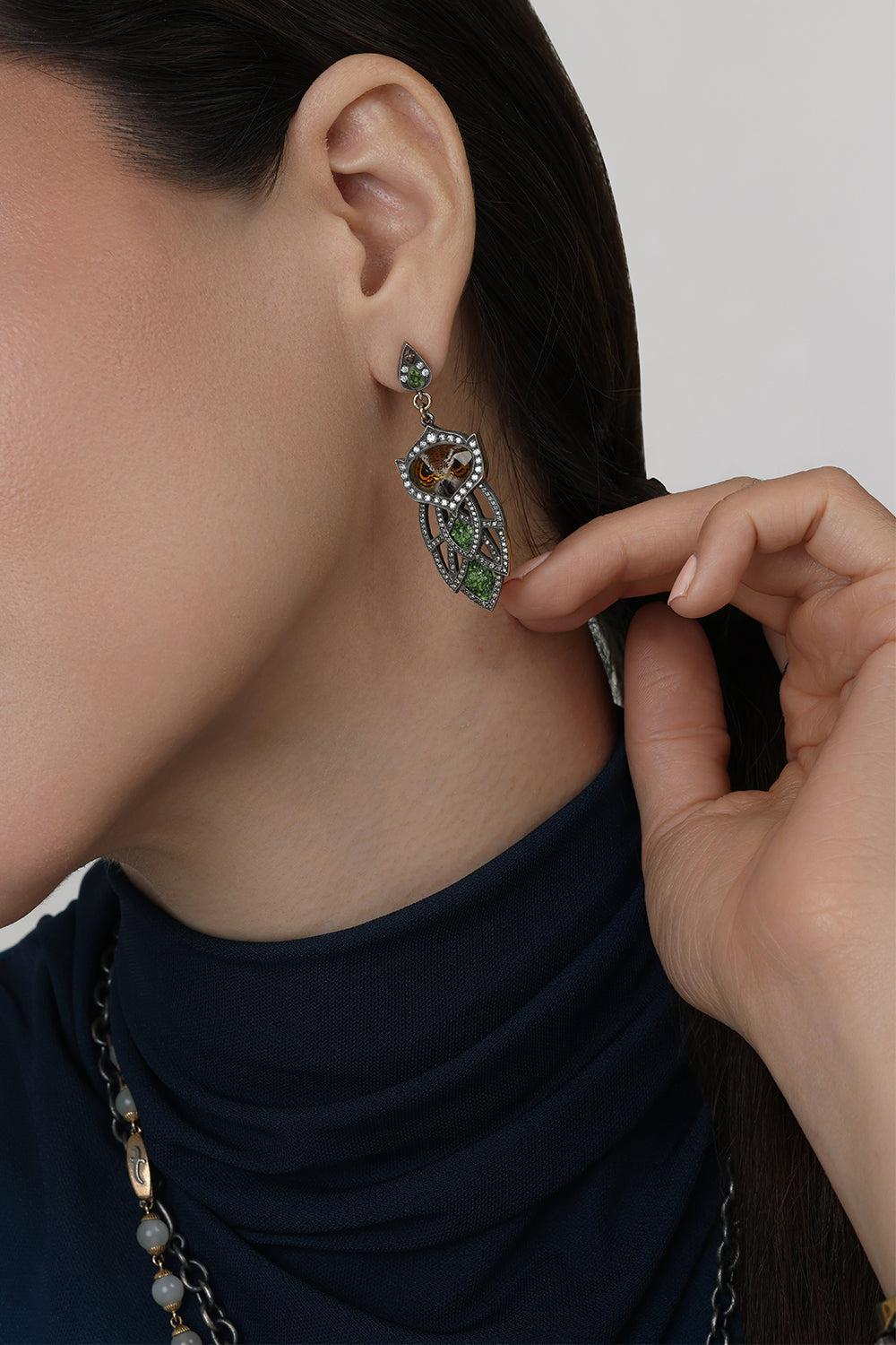 Mosaic Diamond Carved Owl Earrings-YELLOW GOLD-JEWELRYFINE JEWELEARRING-SEVAN BICAKCI