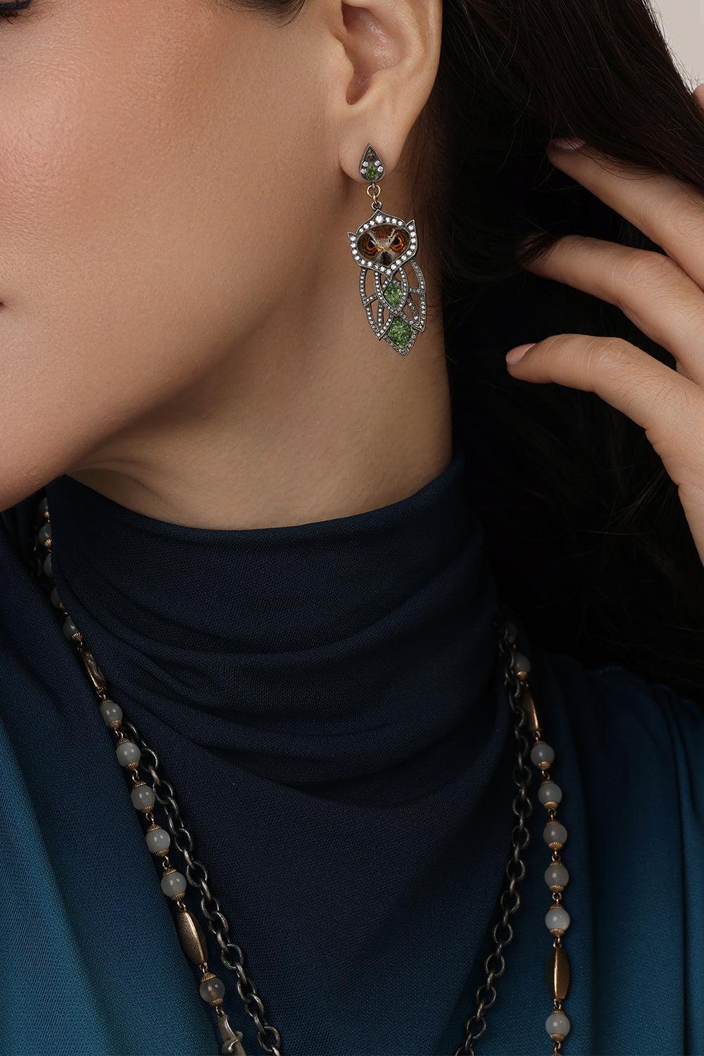 Mosaic Diamond Carved Owl Earrings-YELLOW GOLD-JEWELRYFINE JEWELEARRING-SEVAN BICAKCI