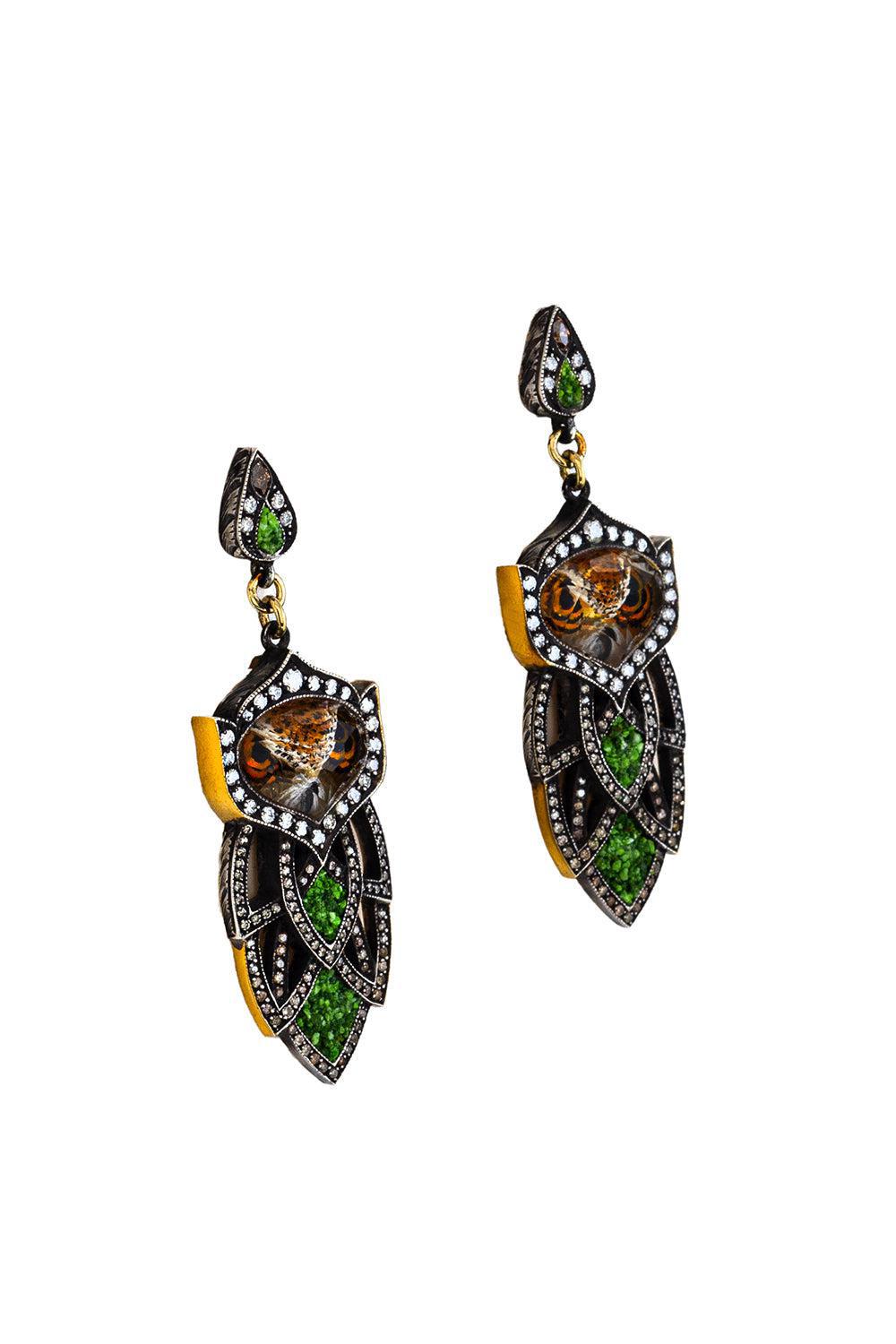 Mosaic Diamond Carved Owl Earrings-YELLOW GOLD-JEWELRYFINE JEWELEARRING-SEVAN BICAKCI