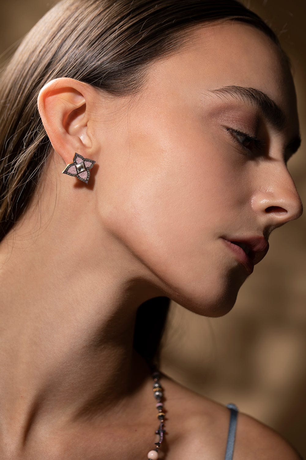 SEVAN BICAKCI-Pink Micro Mosaic Flower Studs-YELLOW GOLD