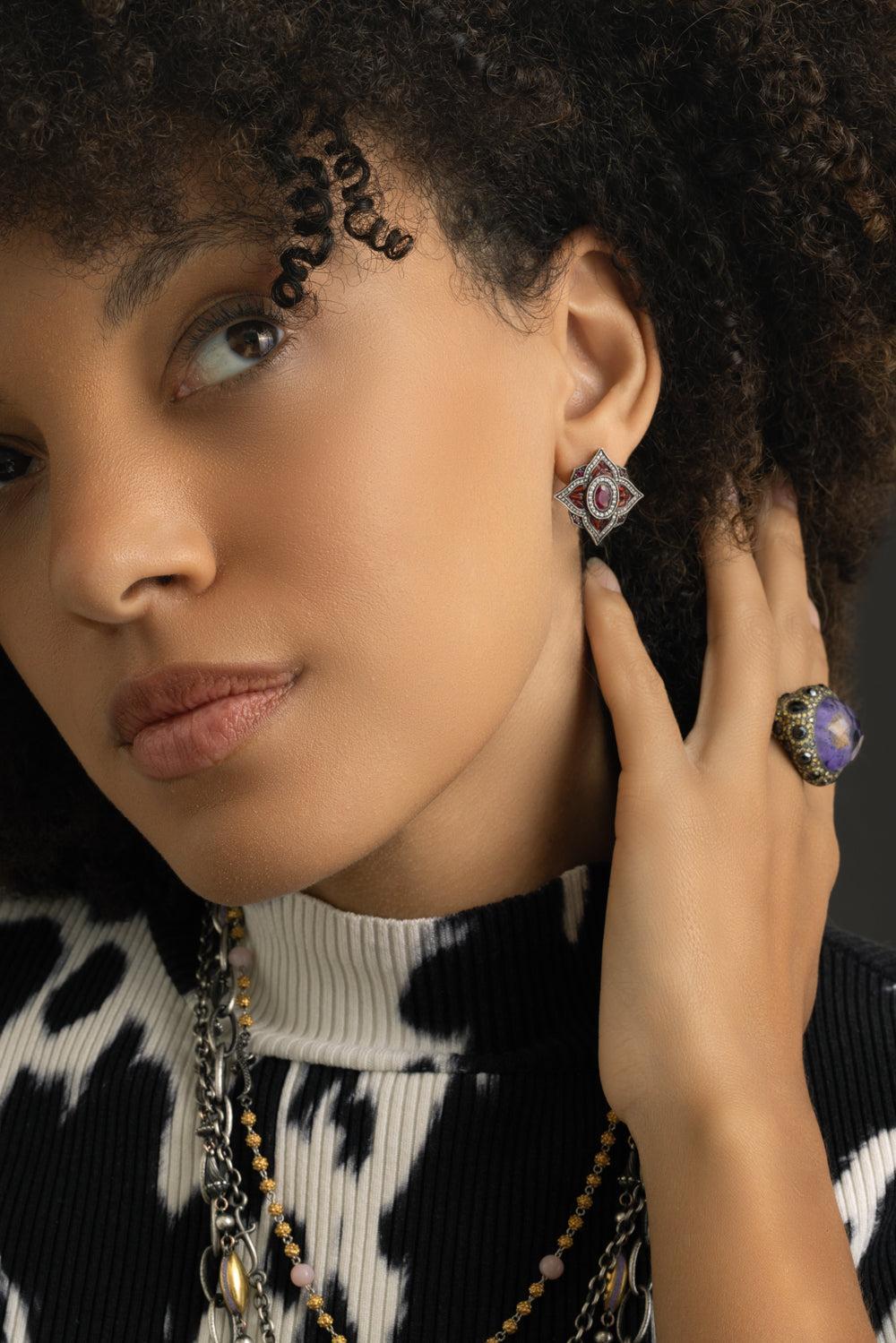 Ruby Diamond Pomegranite Seed Earrings-YELLOW GOLD-JEWELRYFINE JEWELEARRING-SEVAN BICAKCI