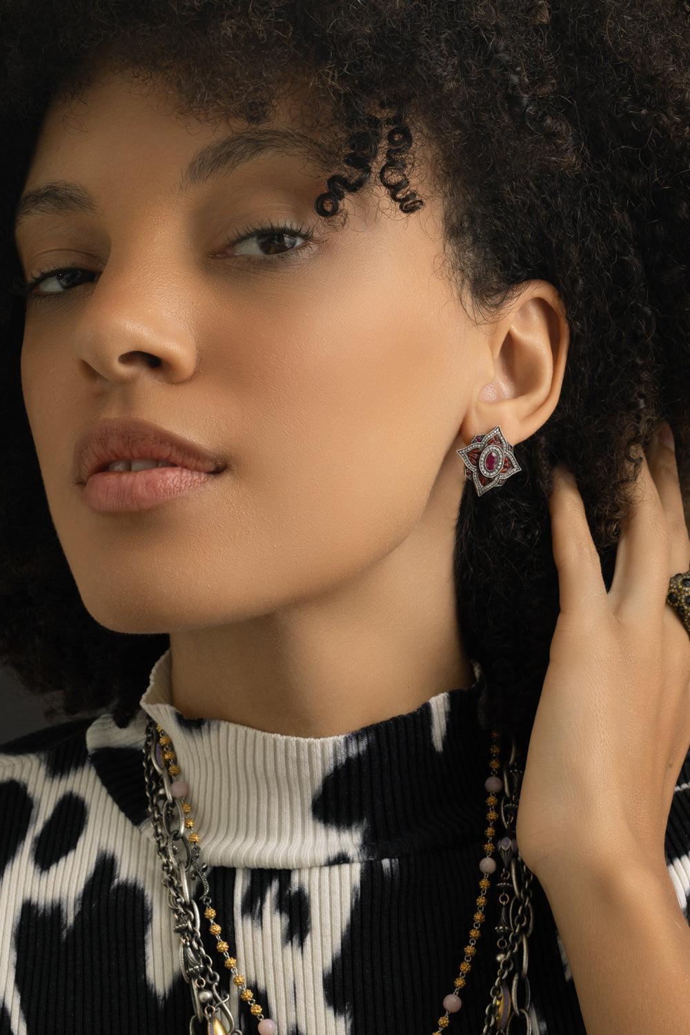 Ruby Diamond Pomegranite Seed Earrings-YELLOW GOLD-JEWELRYFINE JEWELEARRING-SEVAN BICAKCI