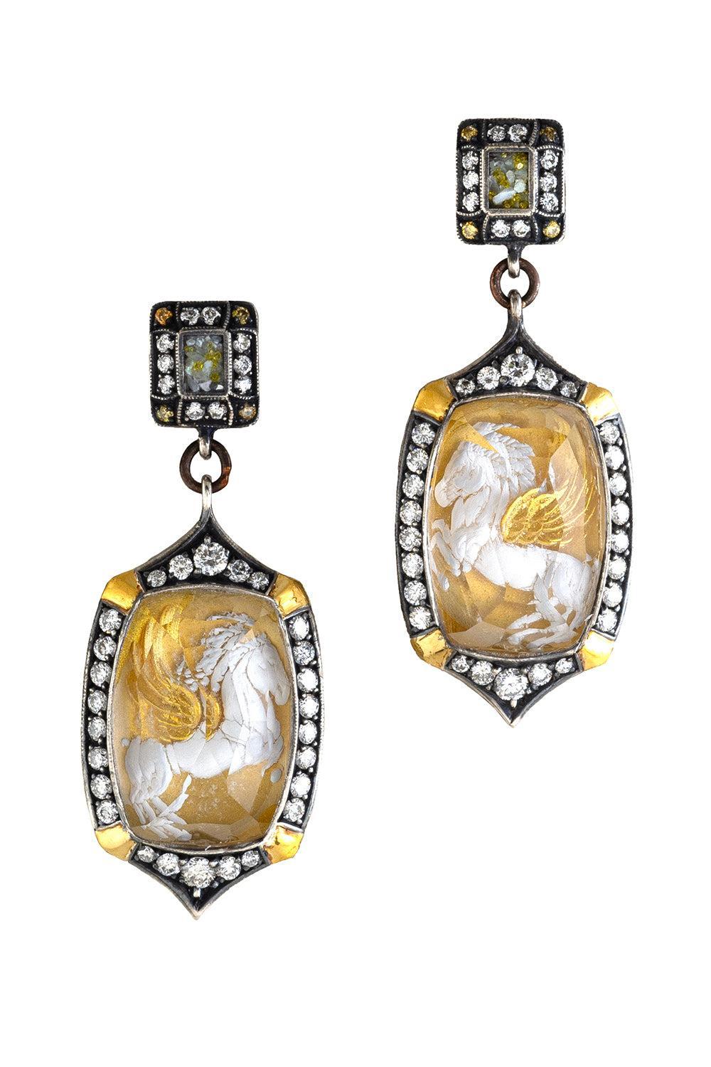 Yellow Diamond Carved Rock Pegasus Earrings-YELLOW GOLD-JEWELRYFINE JEWELEARRING-SEVAN BICAKCI