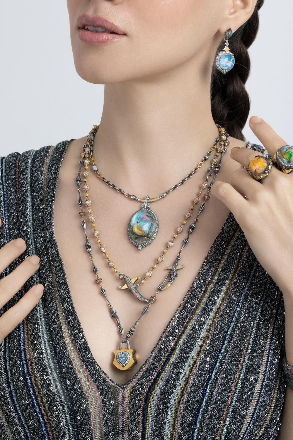 Multicolored Sapphire Dagger Open Chain Necklace-ROSE GOLD-63CM-JEWELRYFINE JEWELNECKLACE O-SEVAN BICAKCI