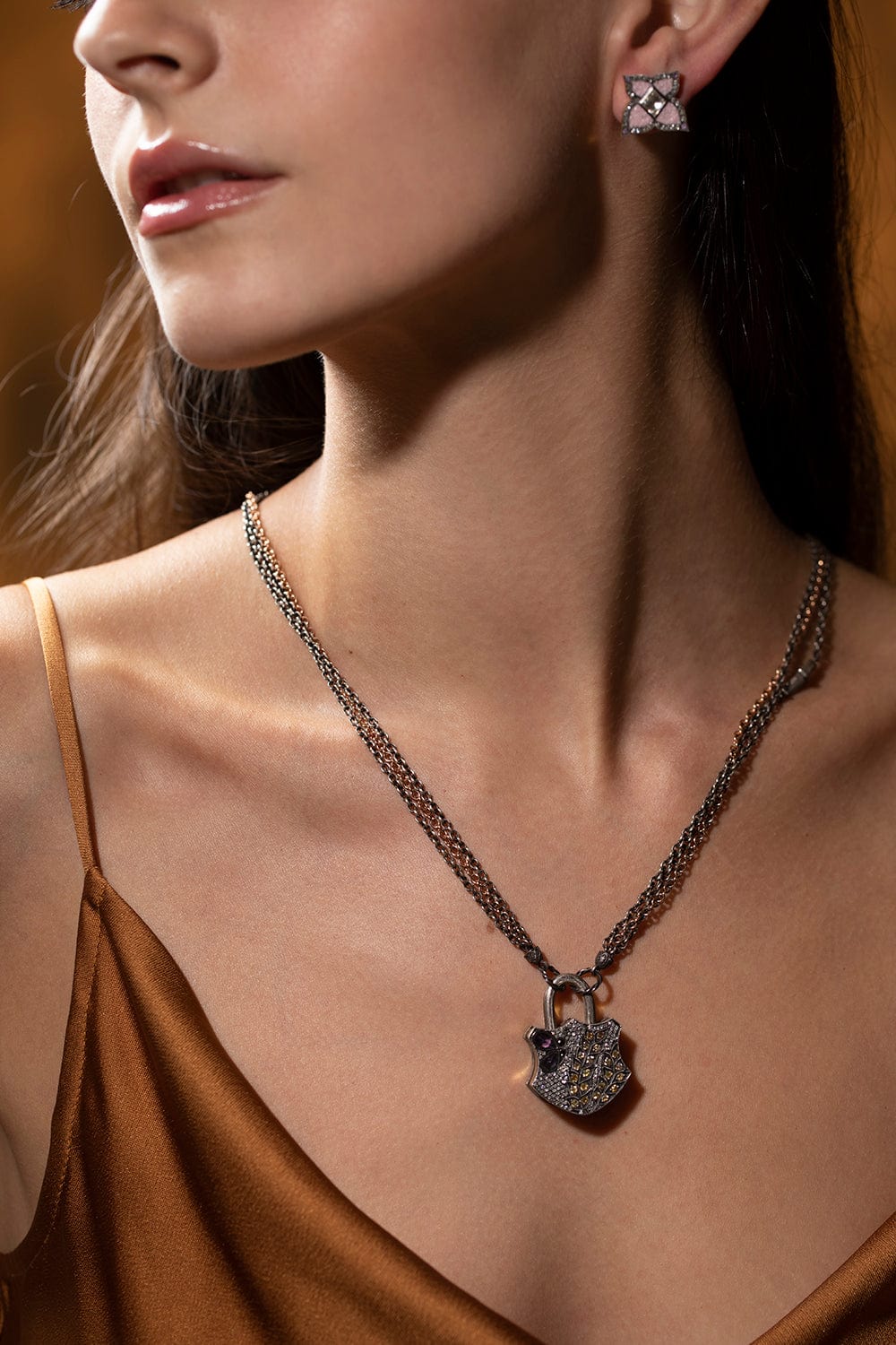 SEVAN BICAKCI-Triple Strand Chain Garnet Necklace-SILVER
