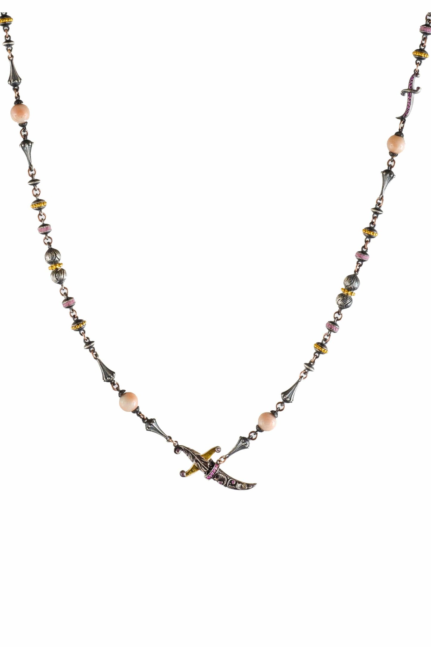 SEVAN BICAKCI-Angel Skin Pink Quartz Dagger Necklace-YELLOW GOLD
