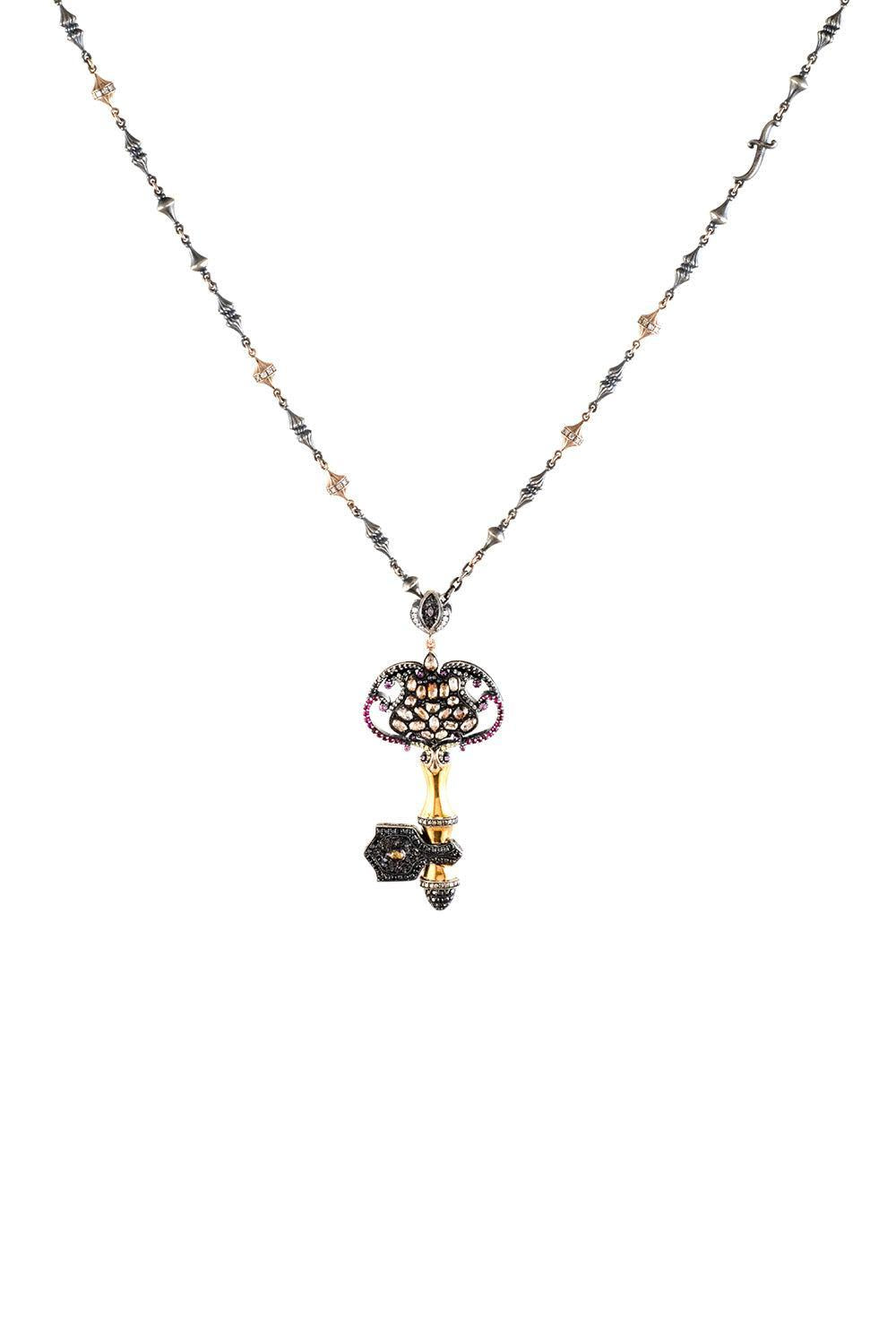Brown Black Diamond Ruby Key Pendant Necklace-YELLOW GOLD-JEWELRYFINE JEWELNECKLACE O-SEVAN BICAKCI