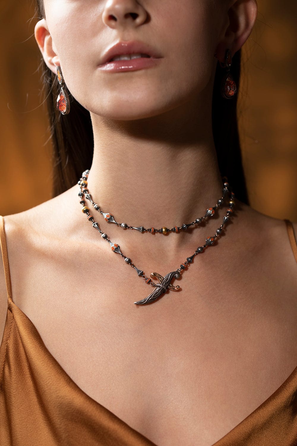 SEVAN BICAKCI-Orange Micro Mosaic Pave Dagger Necklace-YELLOW GOLD
