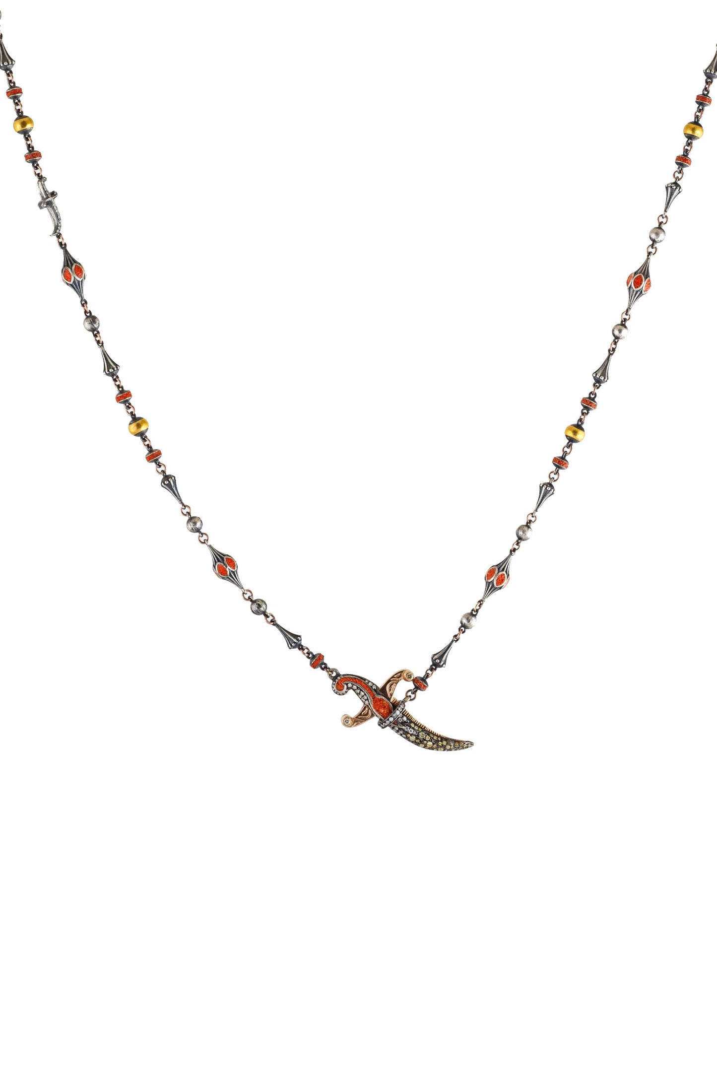 SEVAN BICAKCI-Orange Micro Mosaic Pave Dagger Necklace-YELLOW GOLD