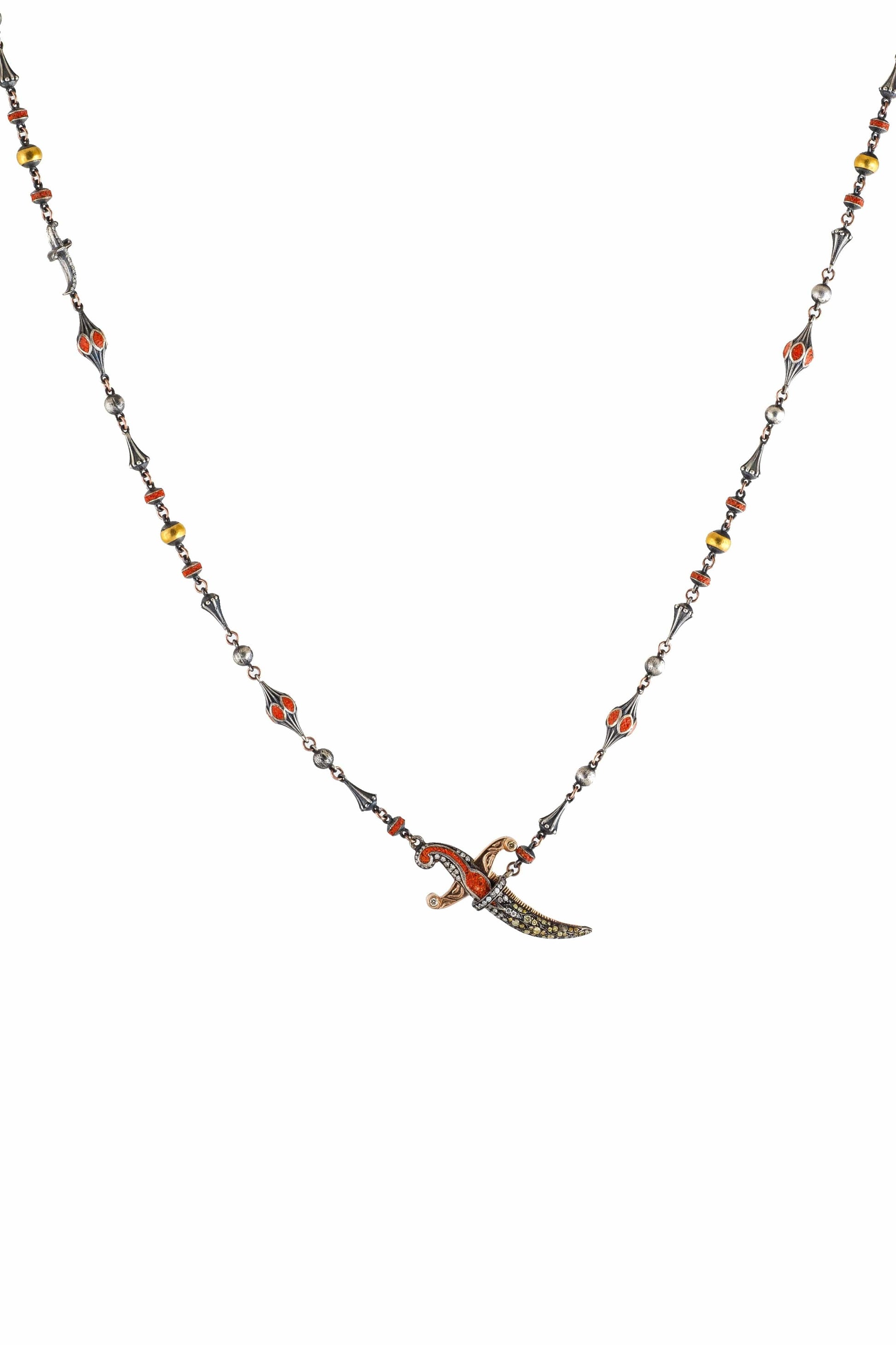 SEVAN BICAKCI-Orange Micro Mosaic Pave Dagger Necklace-YELLOW GOLD