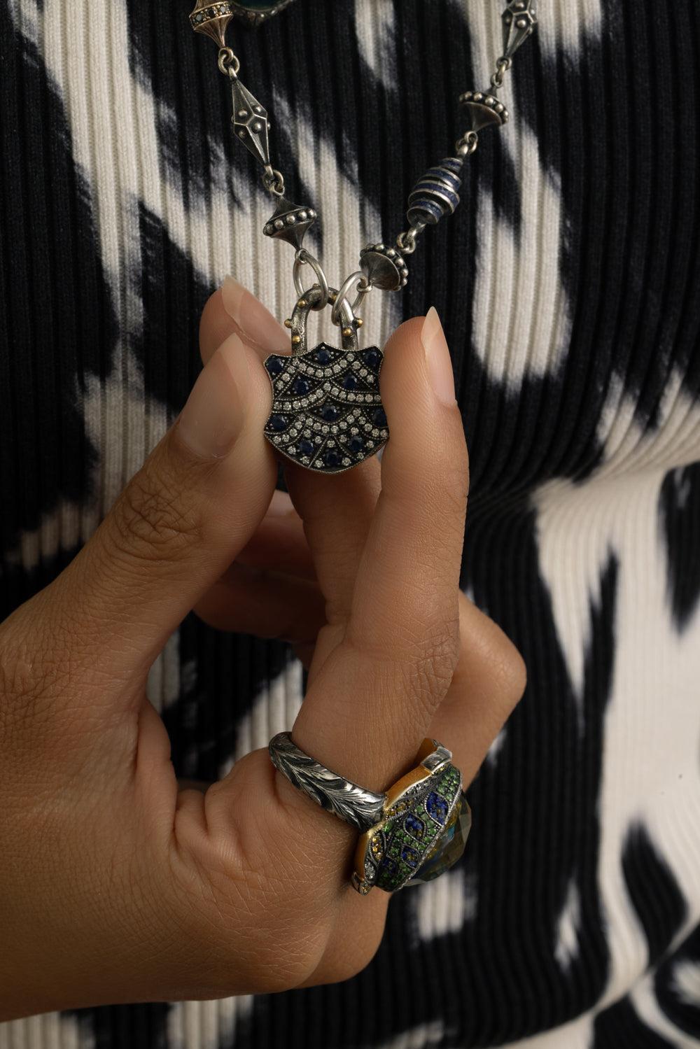 Blue Sapphire Medium Shield Padlock Pendant-YELLOW GOLD-JEWELRYFINE JEWELPENDANT-SEVAN BICAKCI