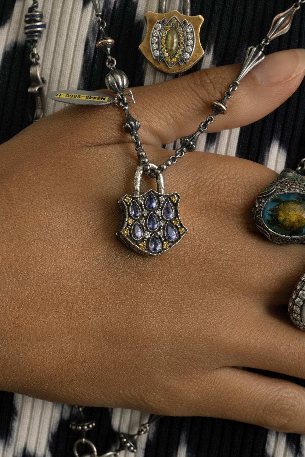 Medium Tanzanite Shield Padlock Pendant-YELLOW GOLD-JEWELRYFINE JEWELPENDANT-SEVAN BICAKCI