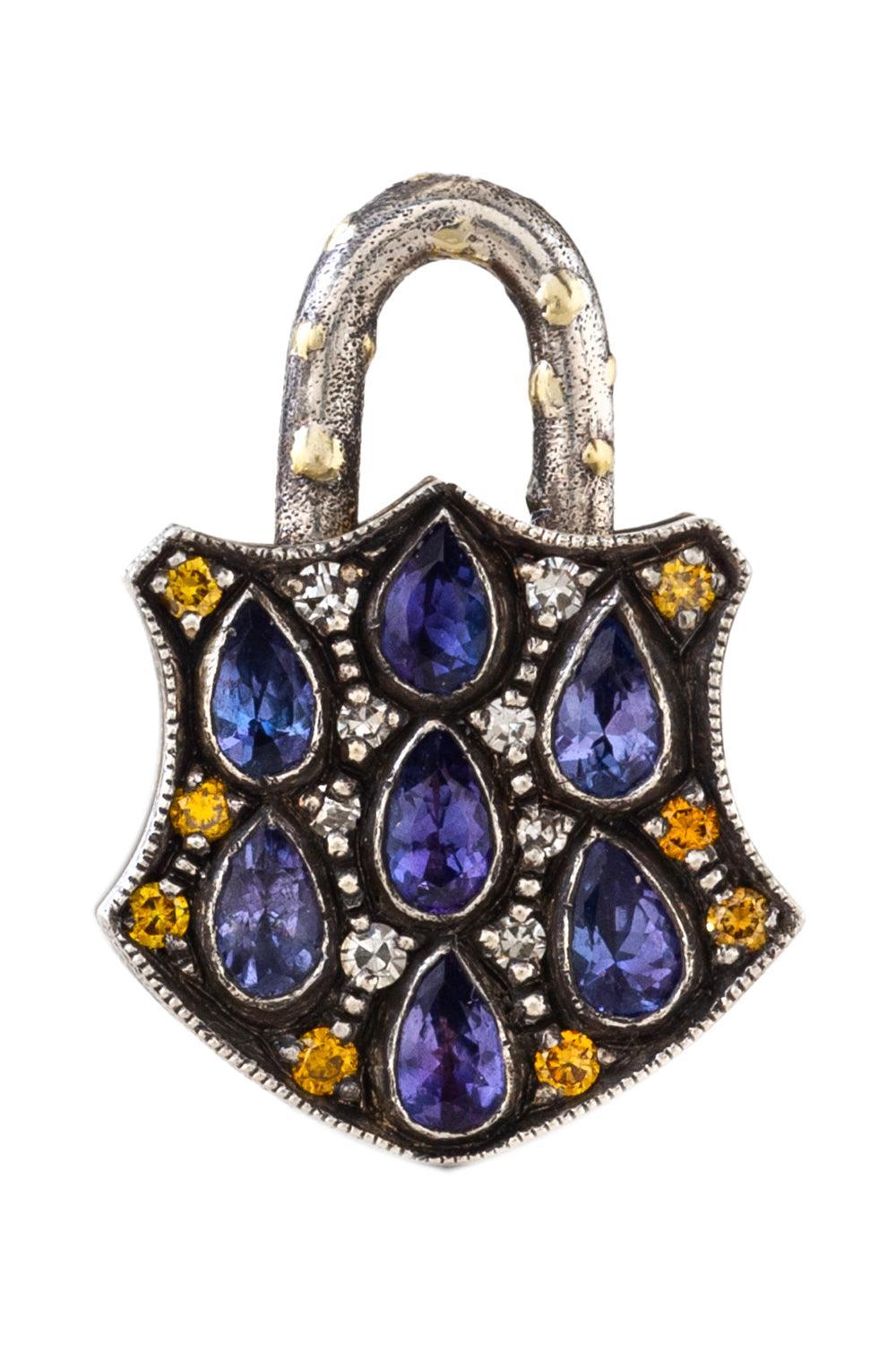 Medium Tanzanite Shield Padlock Pendant-YELLOW GOLD-JEWELRYFINE JEWELPENDANT-SEVAN BICAKCI
