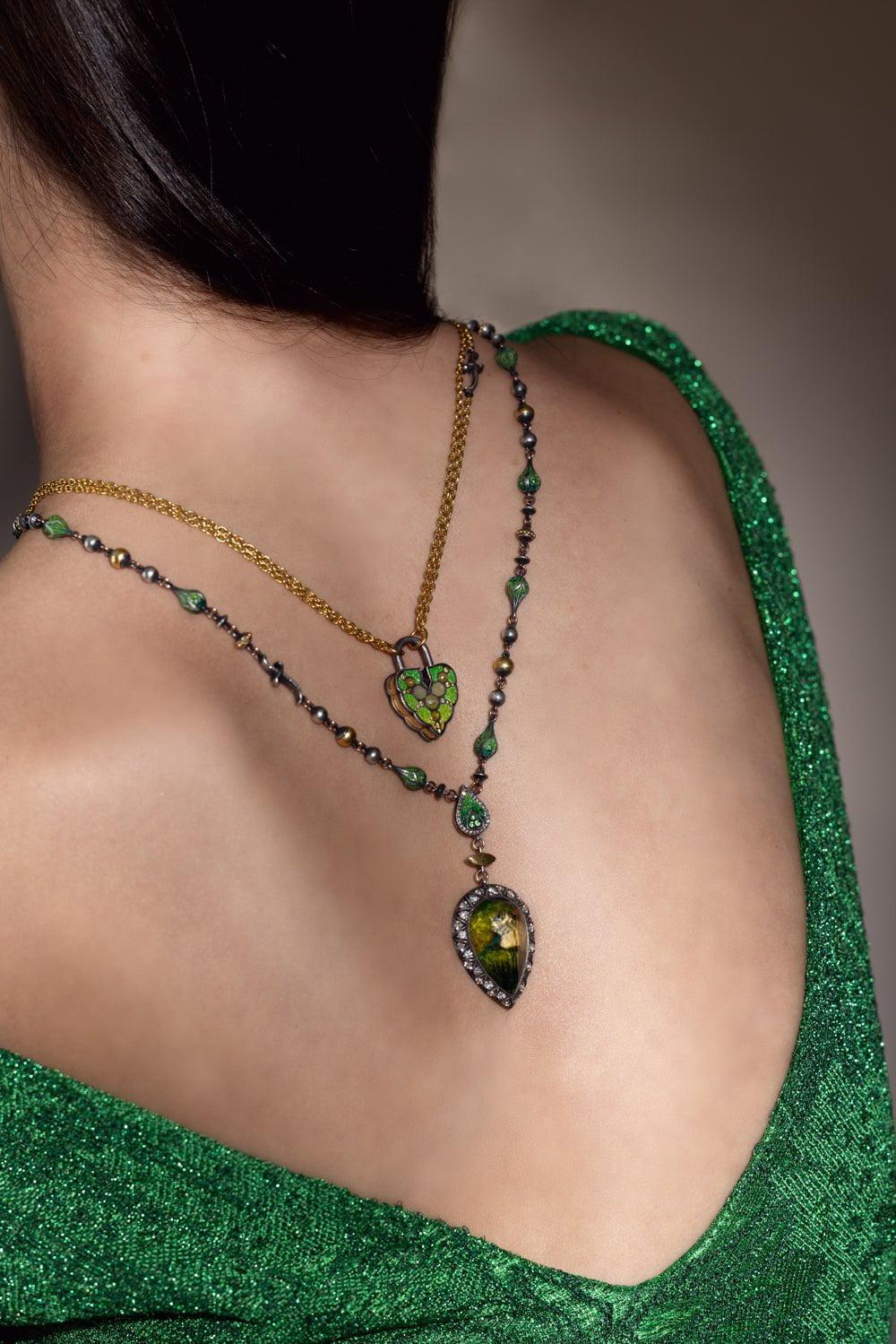 SEVAN BICAKCI-Micro Mosaic Aspen Leaf Padlock Pendant-YELLOW GOLD
