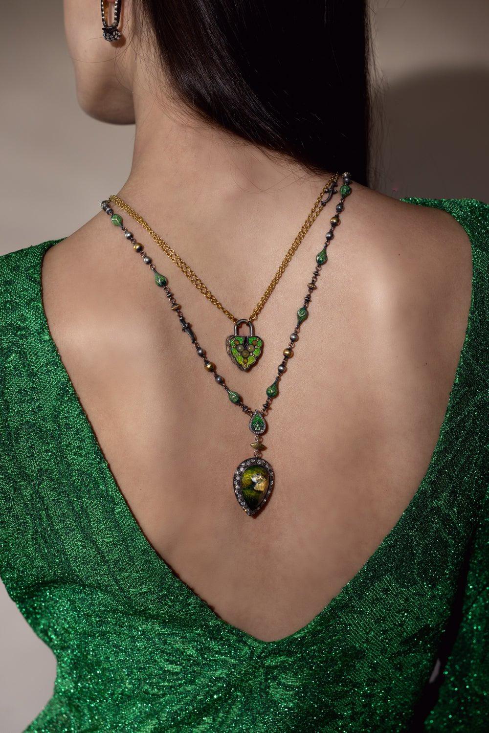 SEVAN BICAKCI-Micro Mosaic Aspen Leaf Padlock Pendant-YELLOW GOLD