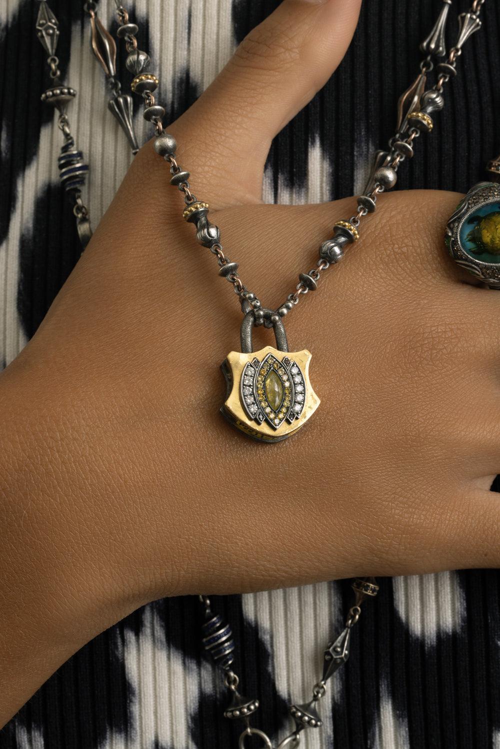 Yellow Diamond Large Shield Padlock Pendant-YELLOW GOLD-JEWELRYFINE JEWELPENDANT-SEVAN BICAKCI