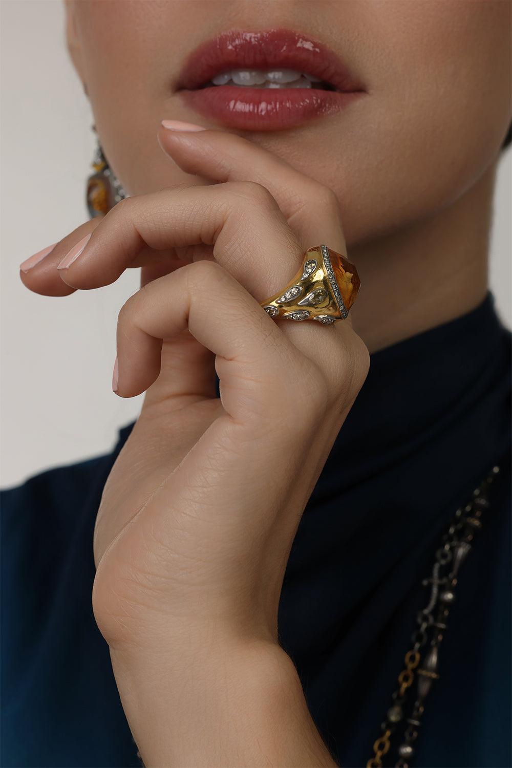 Carved Citrine Bird In Flight Ring-YELLOW GOLD-7.5-JEWELRYFINE JEWELRING-SEVAN BICAKCI