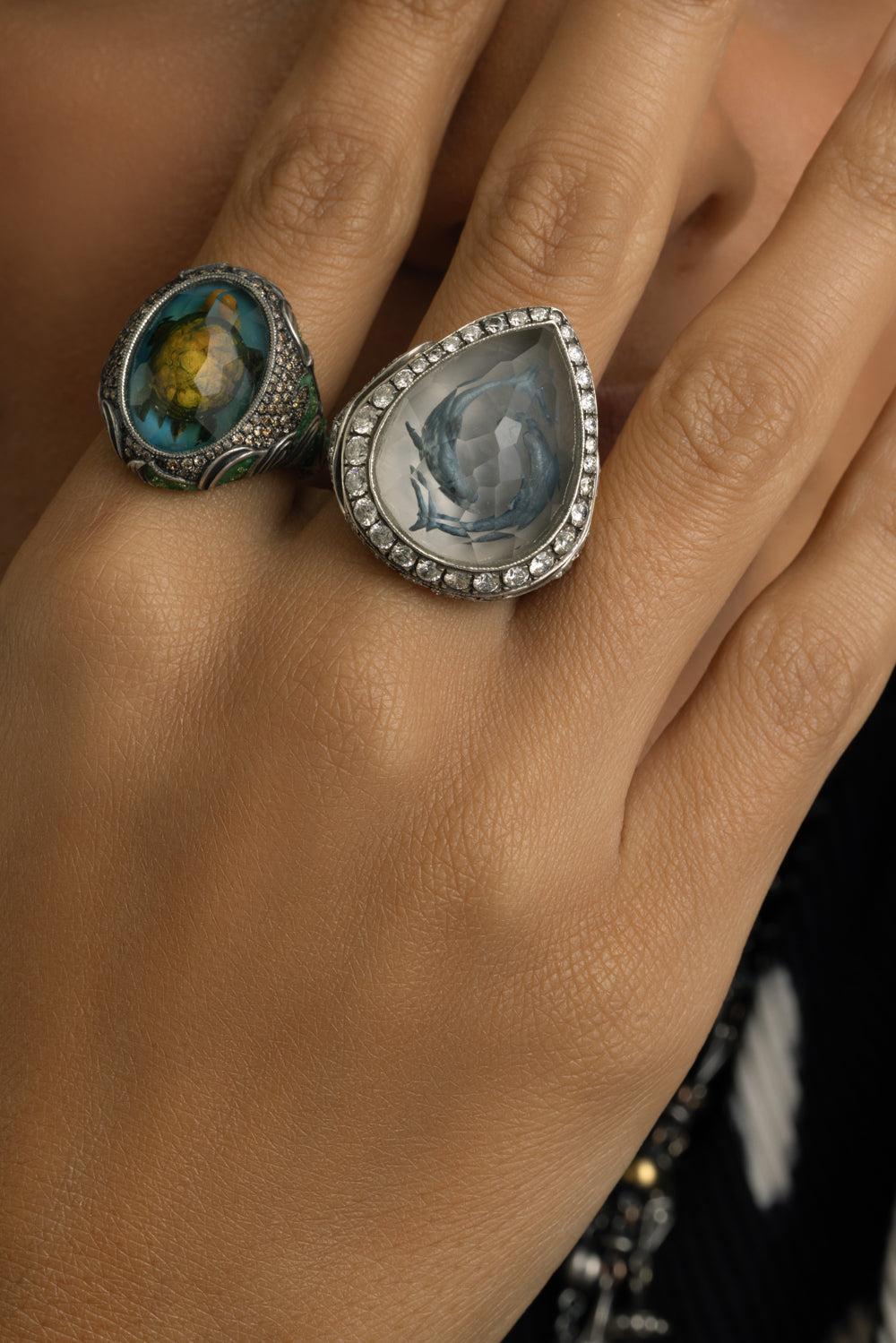 Rock Quartz Diamond Dolphin Ring-YELLOW GOLD-7.75-JEWELRYFINE JEWELRING-SEVAN BICAKCI