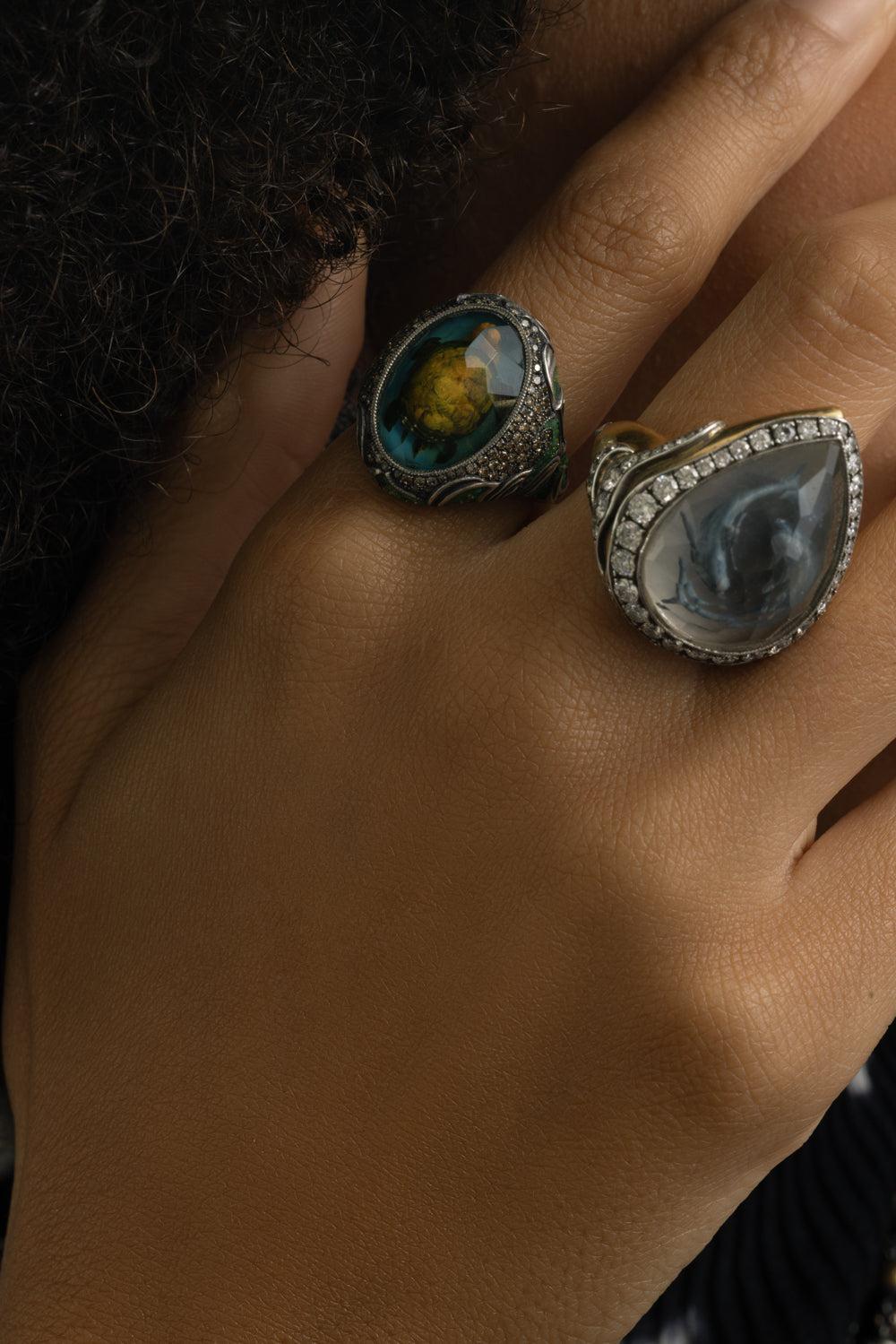 Rock Quartz Diamond Dolphin Ring-YELLOW GOLD-7.75-JEWELRYFINE JEWELRING-SEVAN BICAKCI