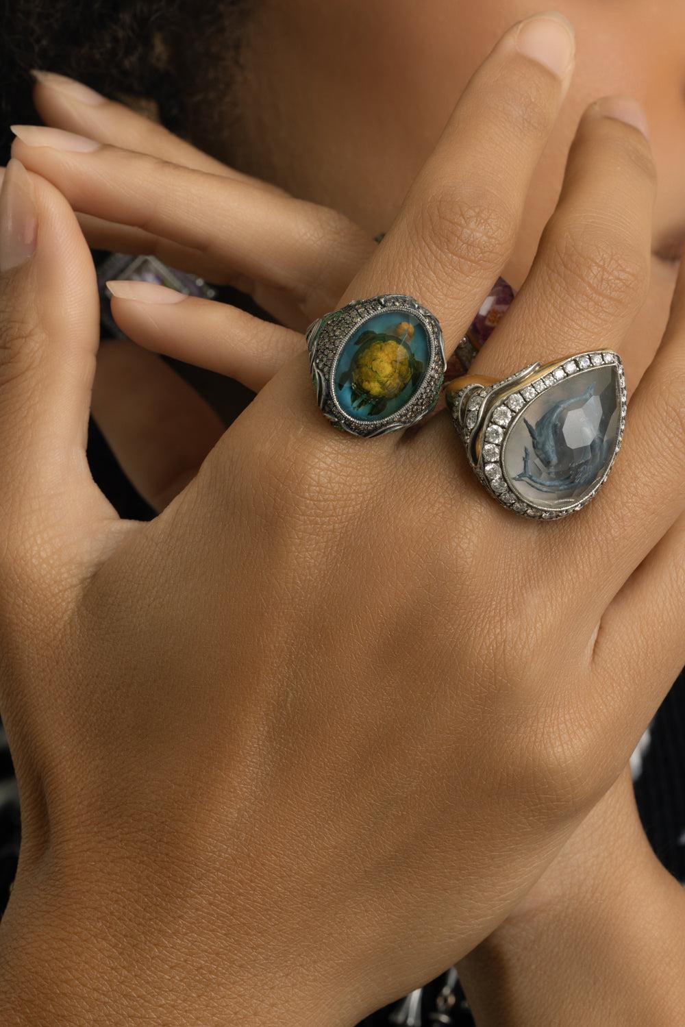 Rock Quartz Diamond Dolphin Ring-YELLOW GOLD-7.75-JEWELRYFINE JEWELRING-SEVAN BICAKCI