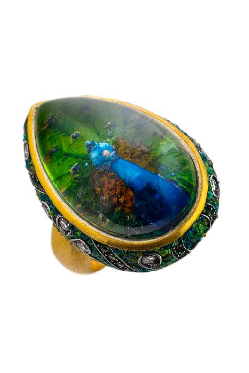 SEVAN BICAKCI-Carved Rock Quartz Peacock Ring-YELLOW GOLD