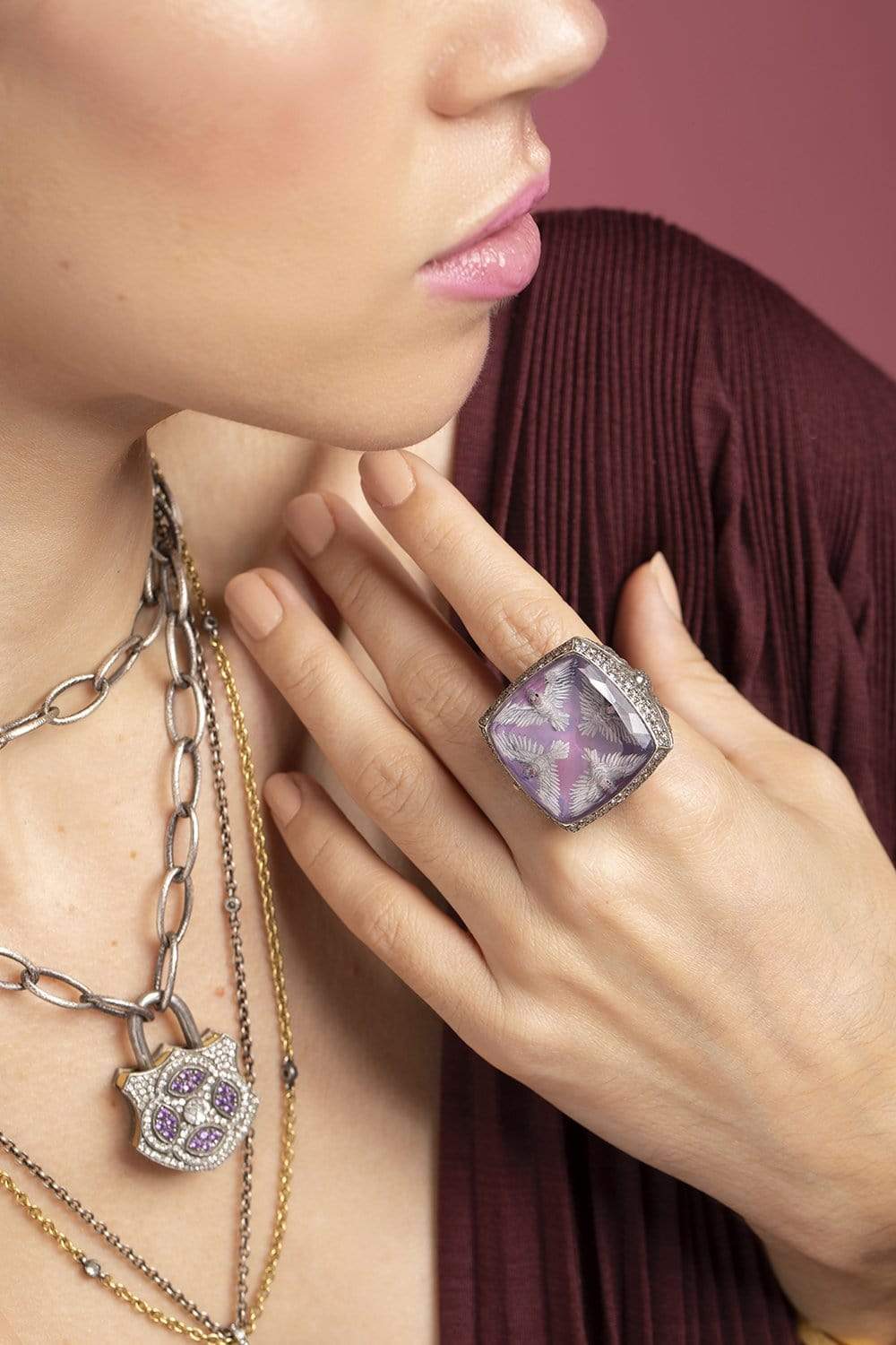 SEVAN BICAKCI-Carved Amethyst Dove Ring-YELLOW GOLD