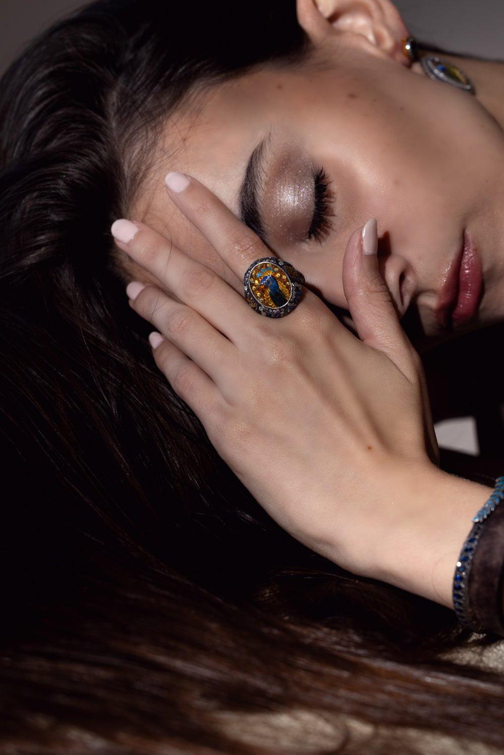 SEVAN BICAKCI-Carved Rock Quartz Peacock Ring-YELLOW GOLD