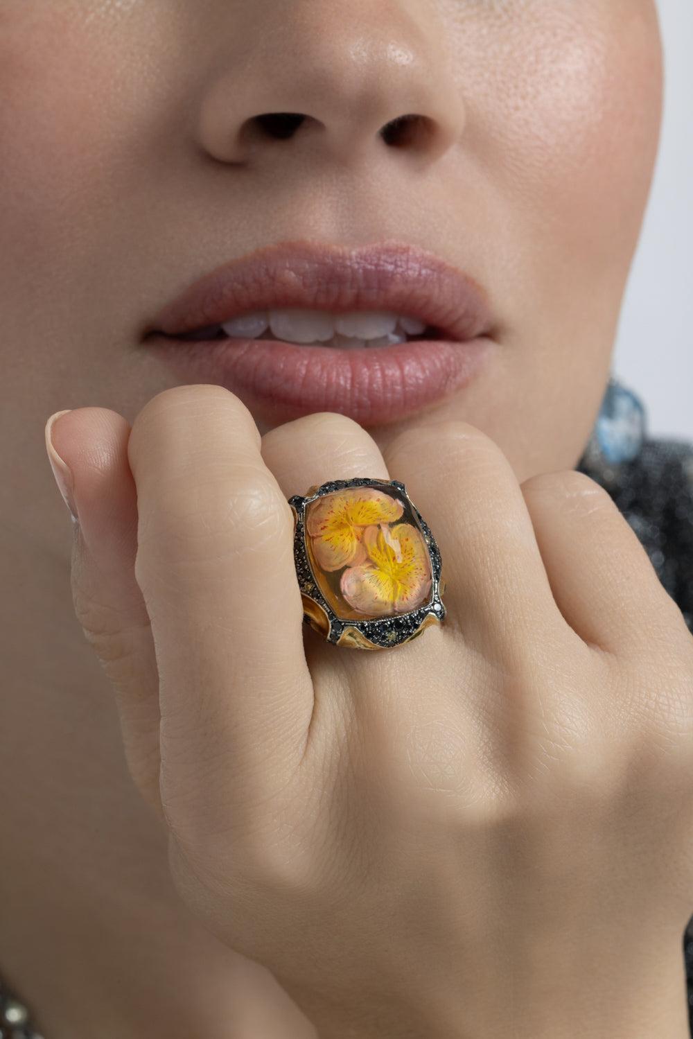  Black Yellow Diamonds Carved Flower Bloom Ring-YELLOW GOLD-JEWELRYFINE JEWELRING-SEVAN BICAKCI 
