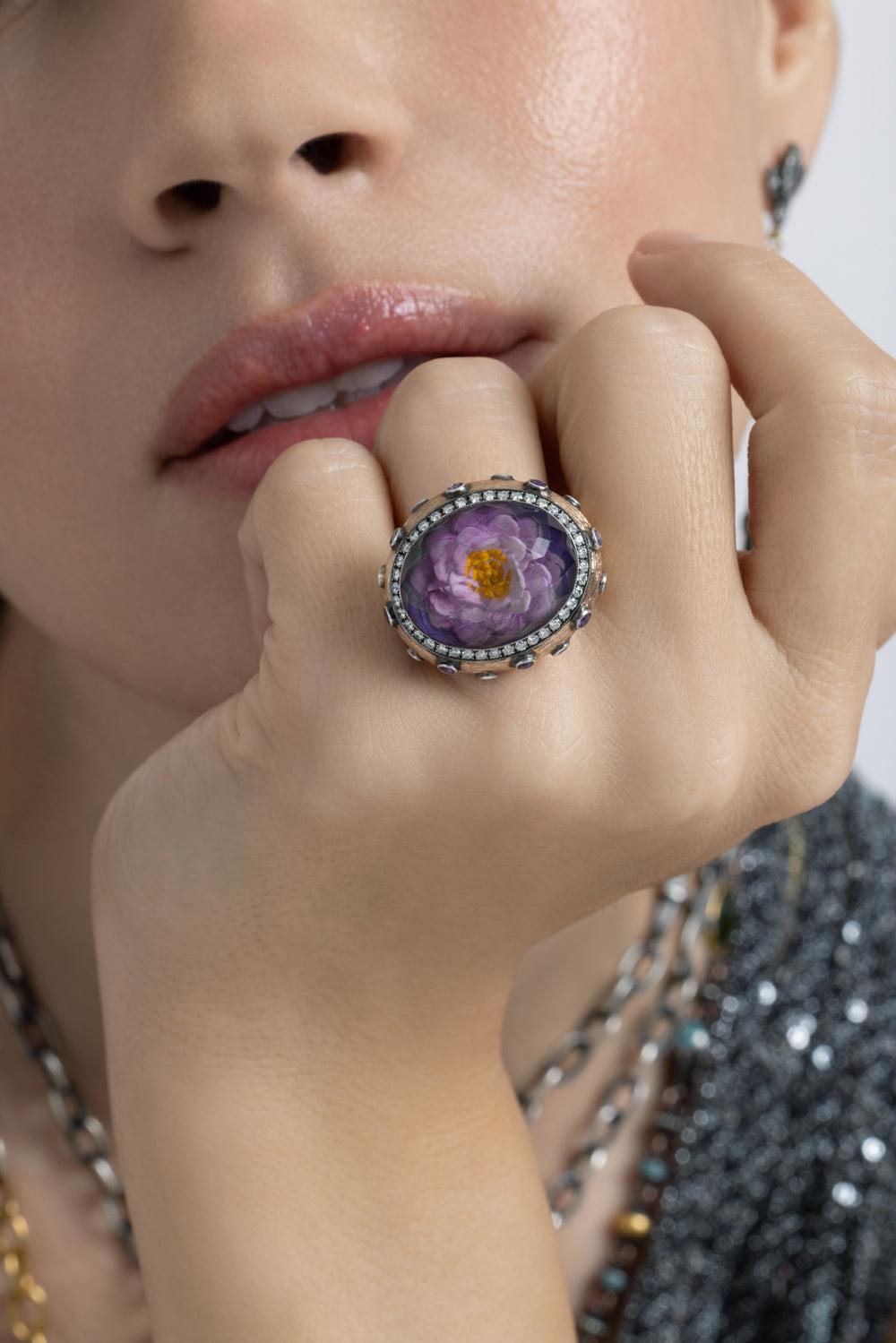 Diamond Amethyst Carved Floral Bloom Ring-YELLOW GOLD-JEWELRYFINE JEWELRING-SEVAN BICAKCI