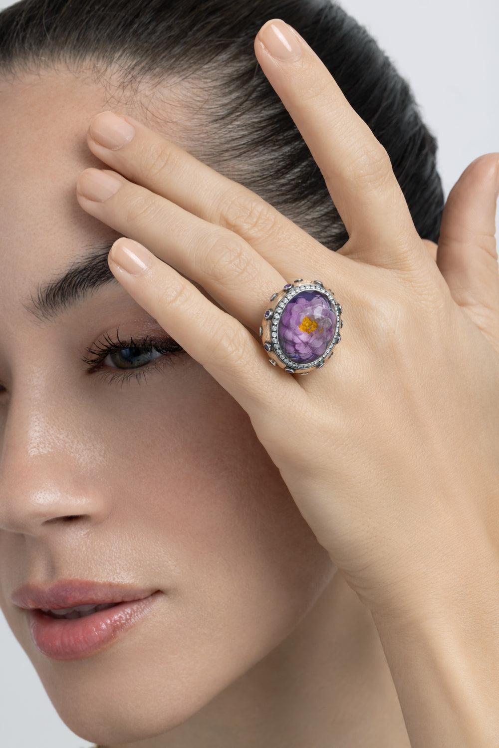 Diamond Amethyst Carved Floral Bloom Ring-YELLOW GOLD-JEWELRYFINE JEWELRING-SEVAN BICAKCI