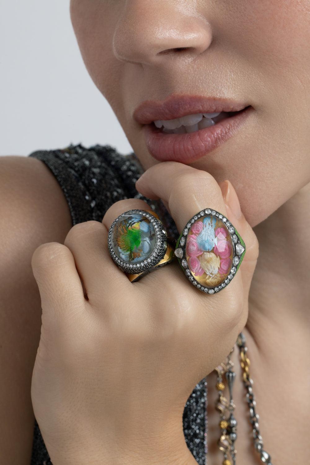  Yellow Black Diamond Carved Hummingbird Ring-YELLOW GOLD-JEWELRYFINE JEWELRING-SEVAN BICAKCI 