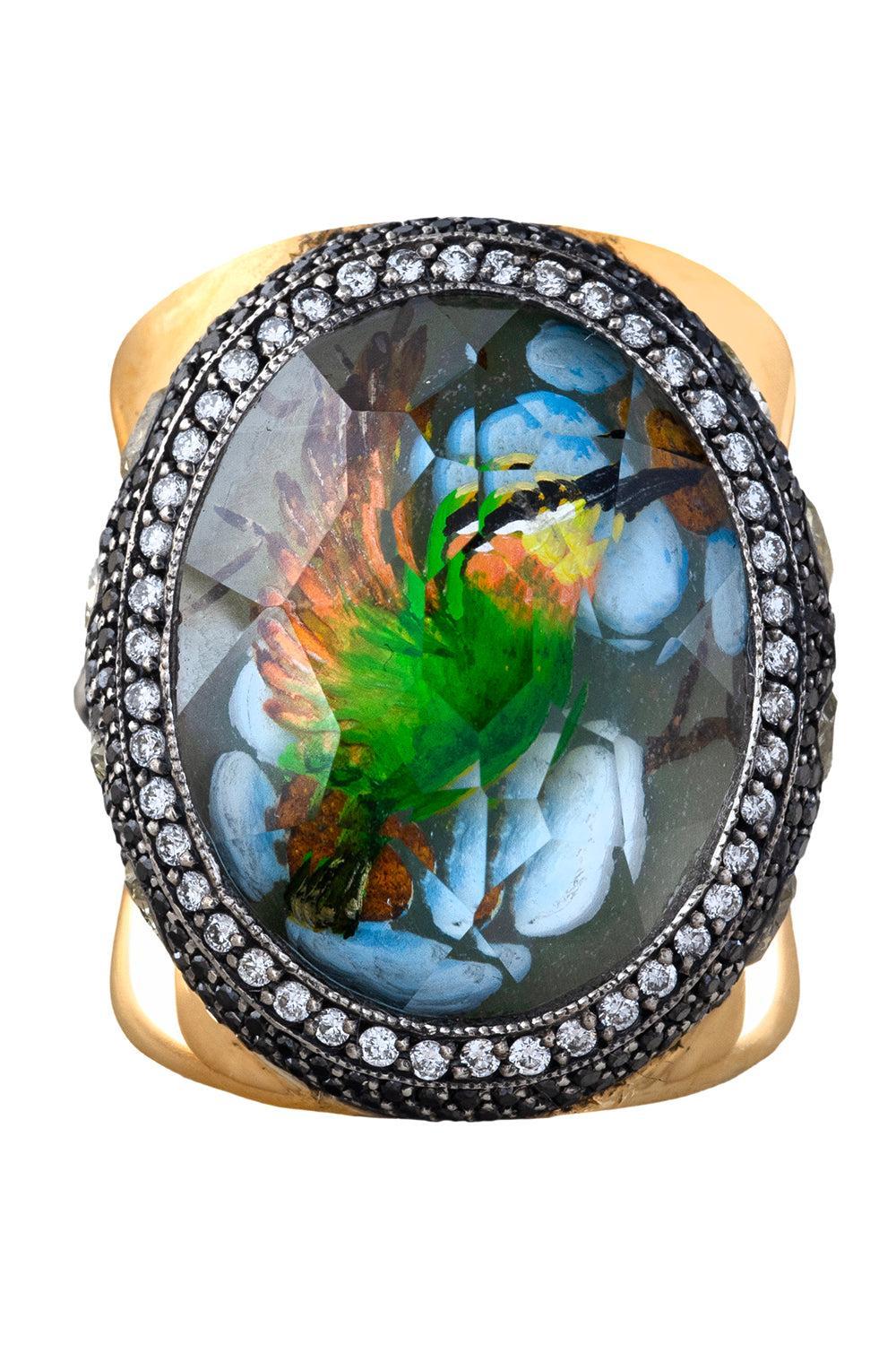 Yellow Black Diamond Carved Hummingbird Ring-YELLOW GOLD-JEWELRYFINE JEWELRING-SEVAN BICAKCI