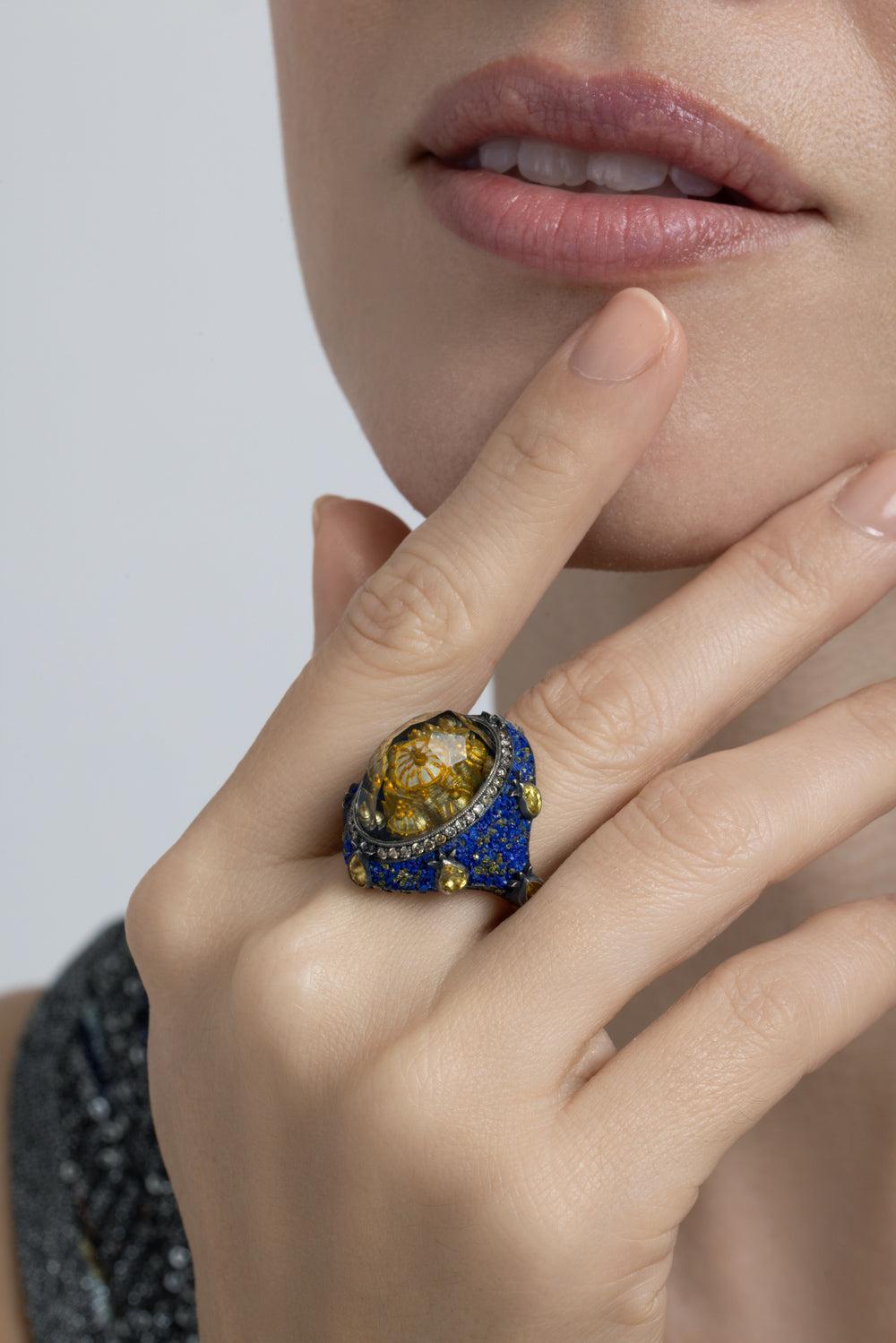  Yellow Sapphire Brown Diamond Ottoman Architecture Ring-YELLOW GOLD-JEWELRYFINE JEWELRING-SEVAN BICAKCI 